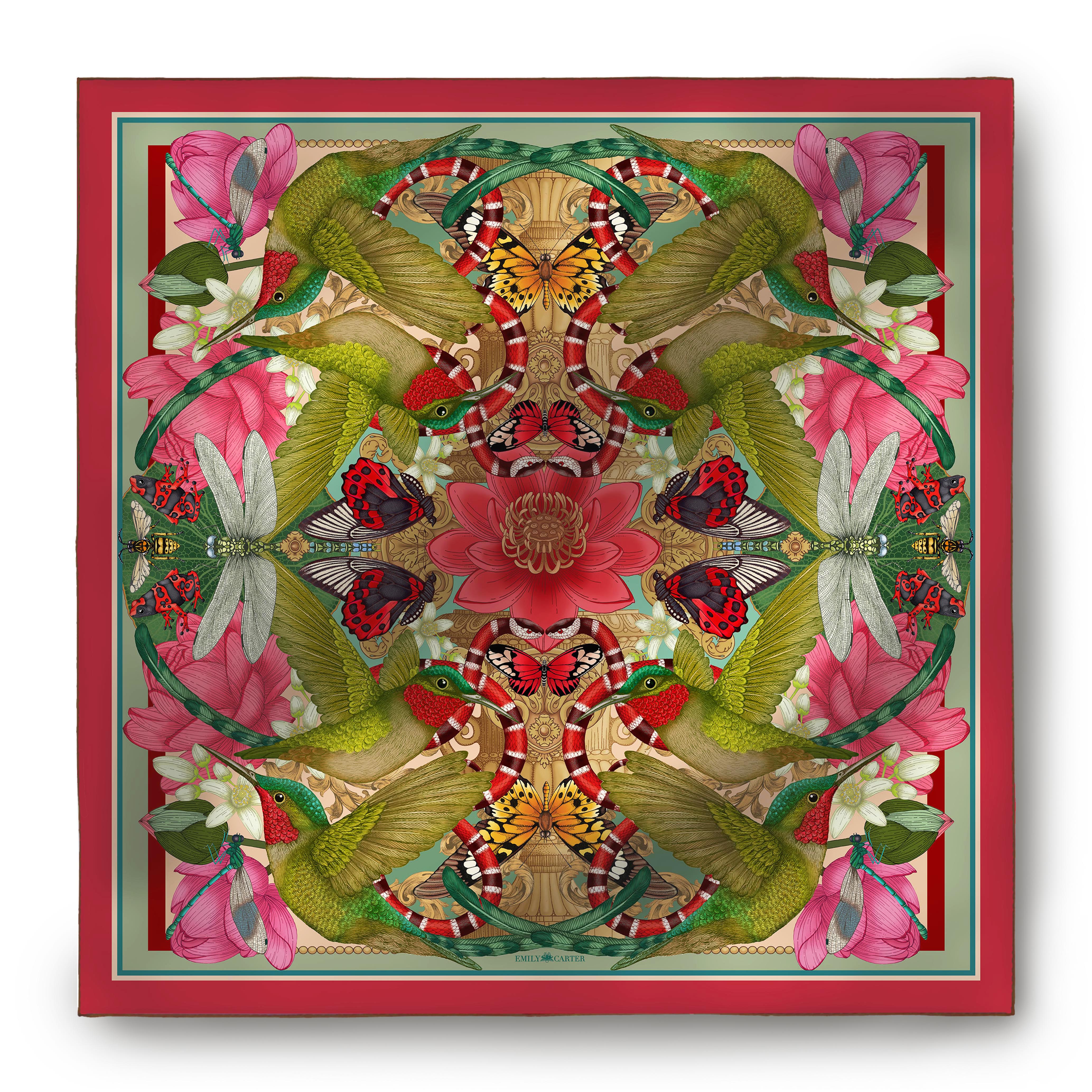 The Hummingbird & Lotus Silk Scarf | 90x90cm