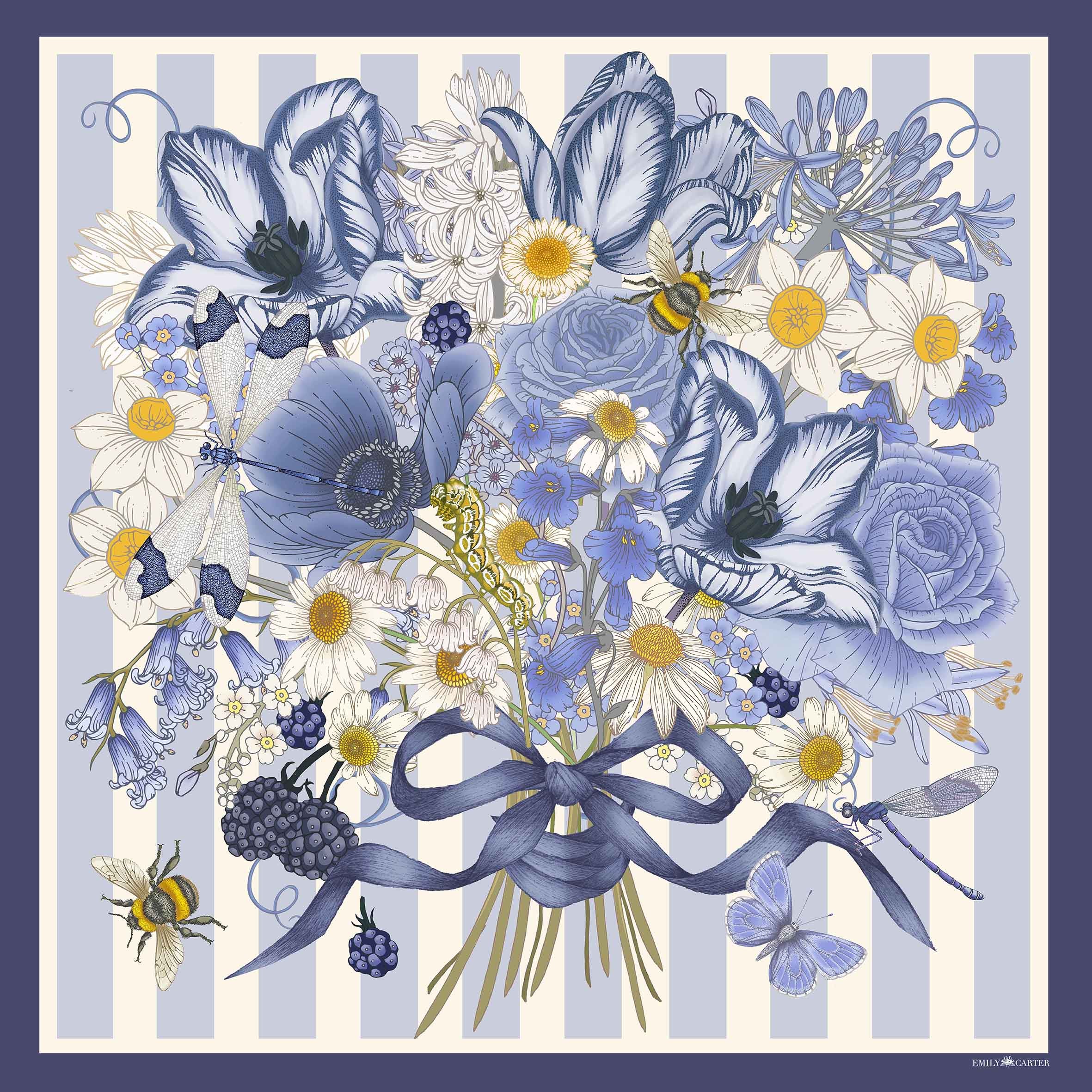 The British Bouquet Silk Scarf - Navy | 90x90cm