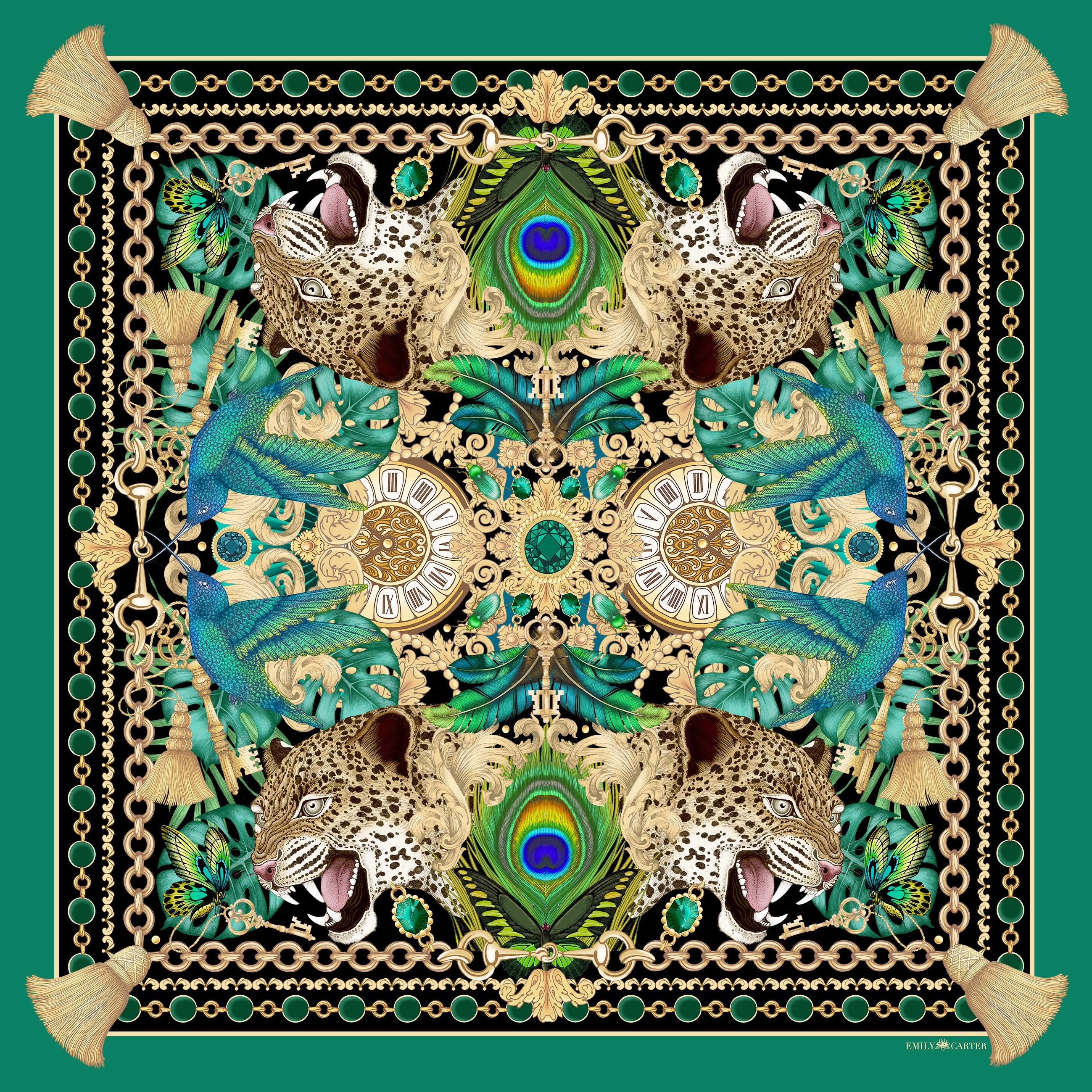 The Emerald & Jaguar Scarf | Wool/Silk | 130x130cm