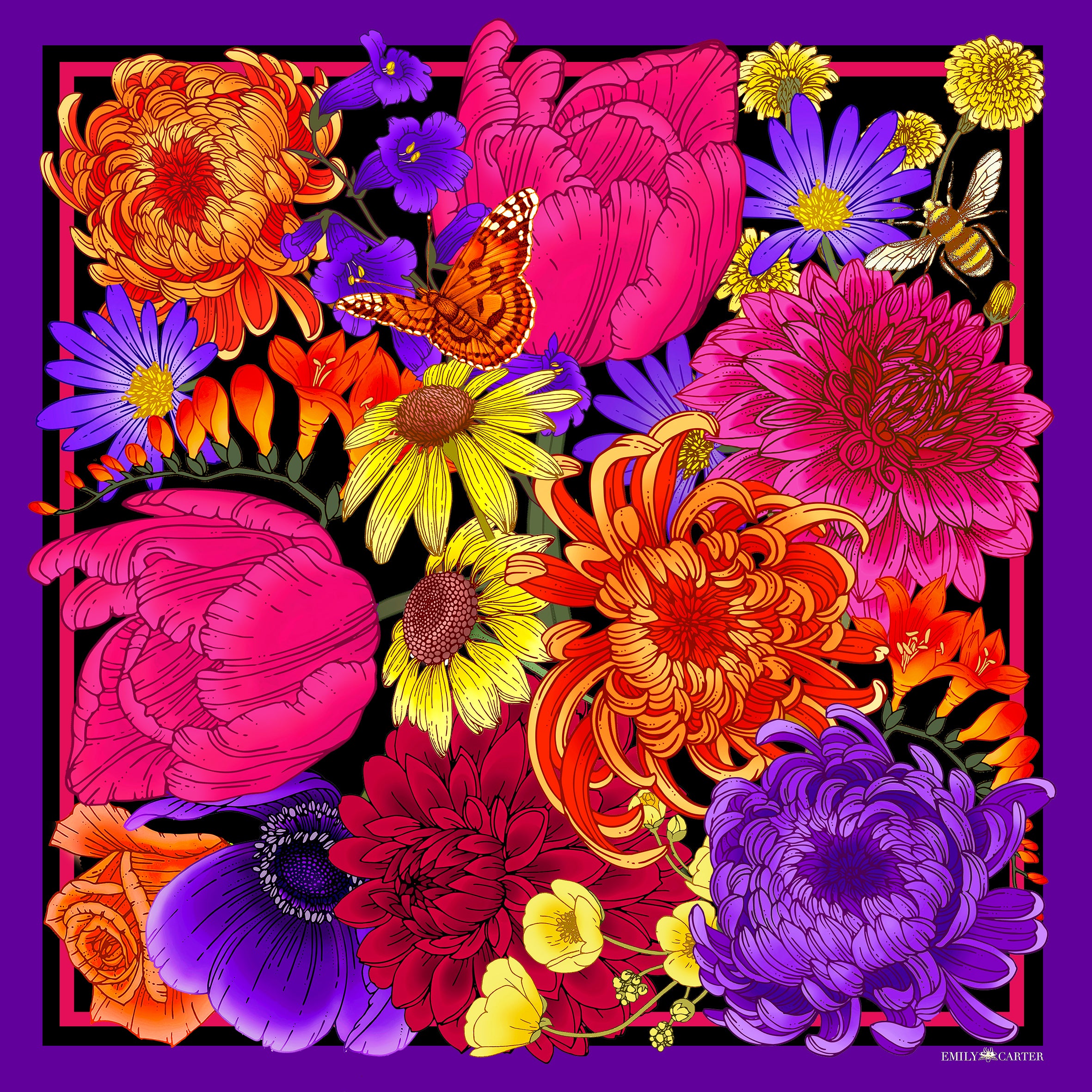 The Tulip & Dahlia Silk Scarf - Fuchsia | 90x90cm