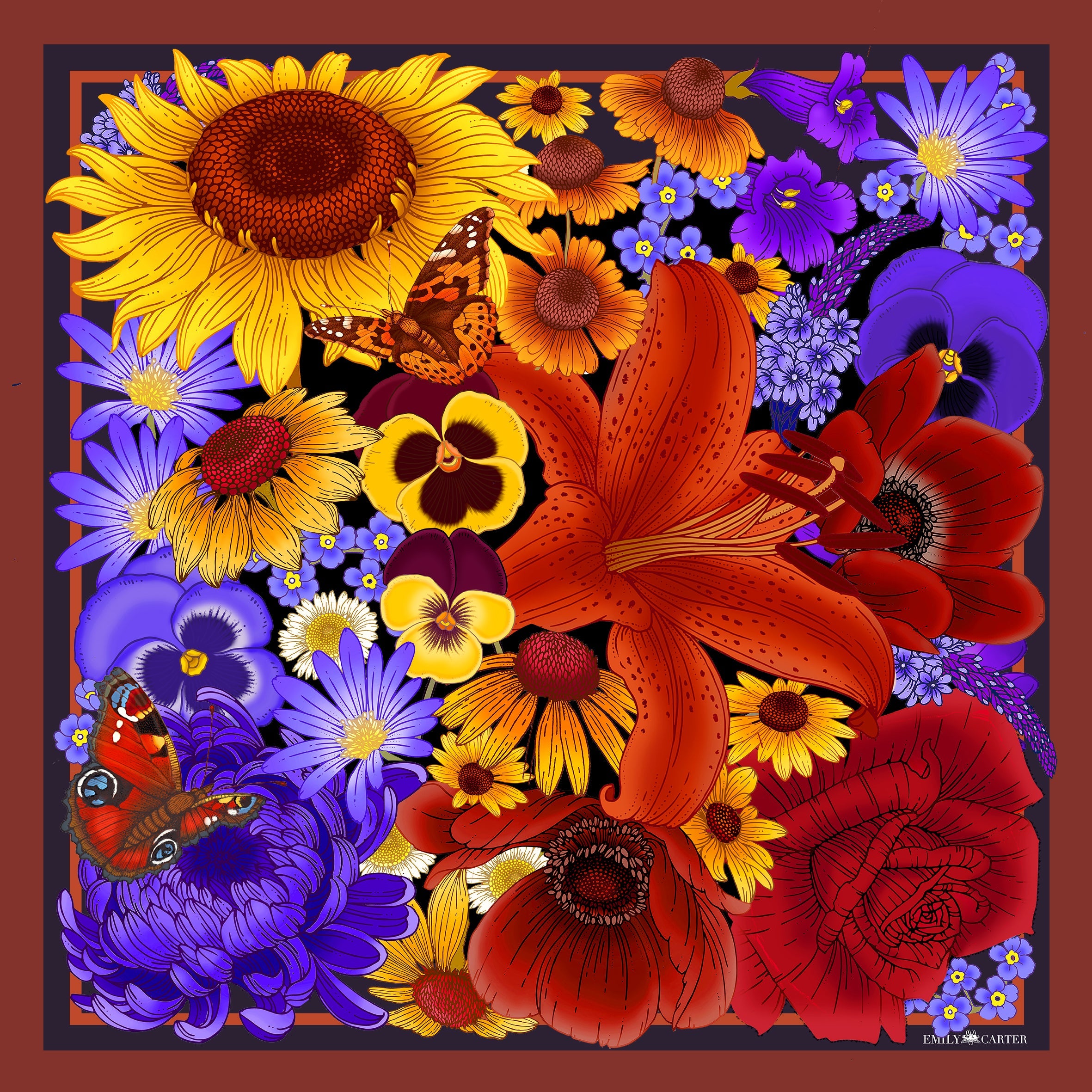 The Sunflower & Pansy Silk Scarf | 65x65cm [Preorder]
