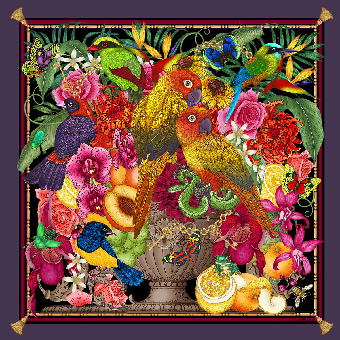 The Parrot Bouquet Silk Scarf | 90x90cm