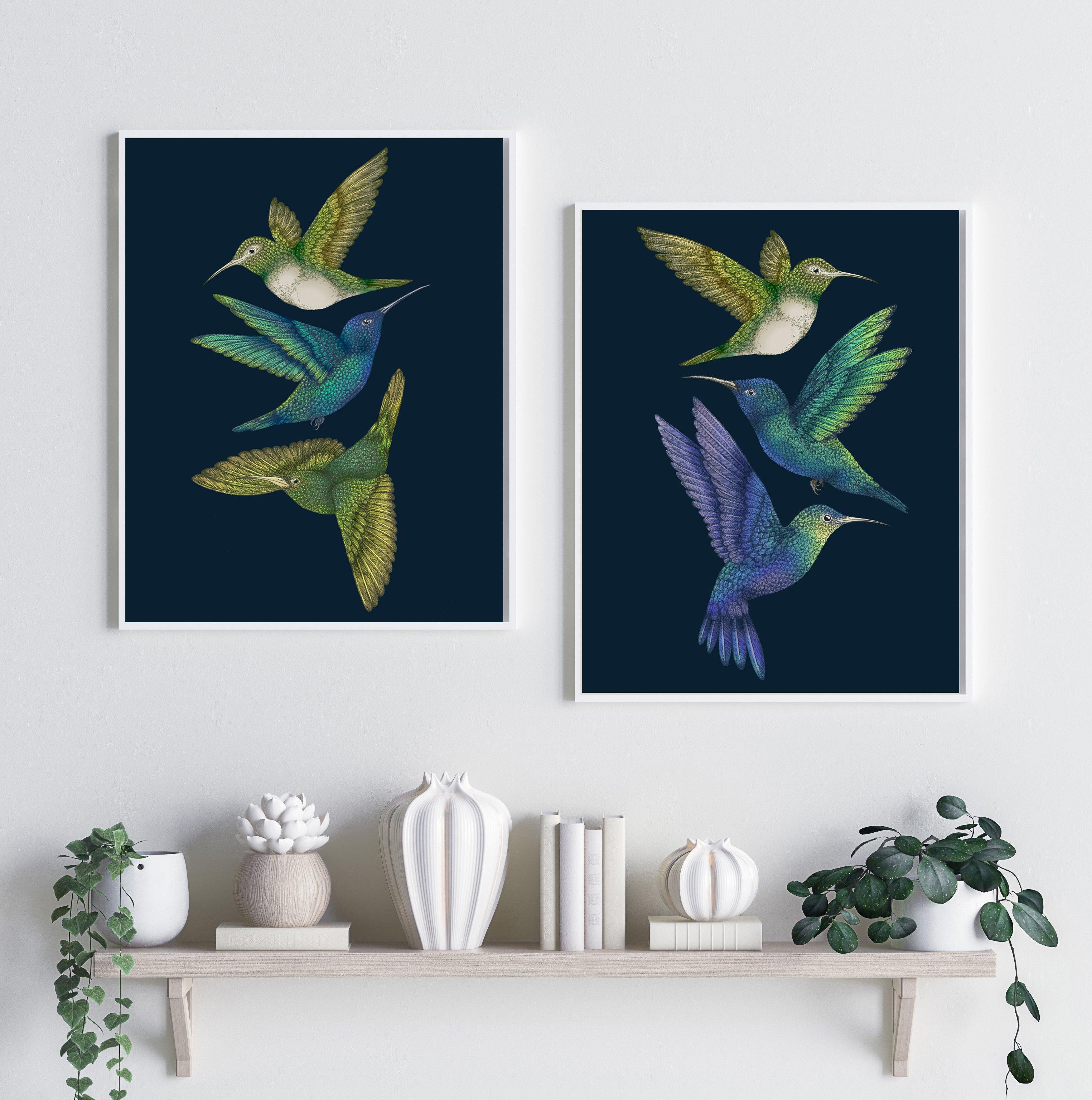 'Antique Hummingbirds III' Indigo Fine Art Print - Emily Carter London