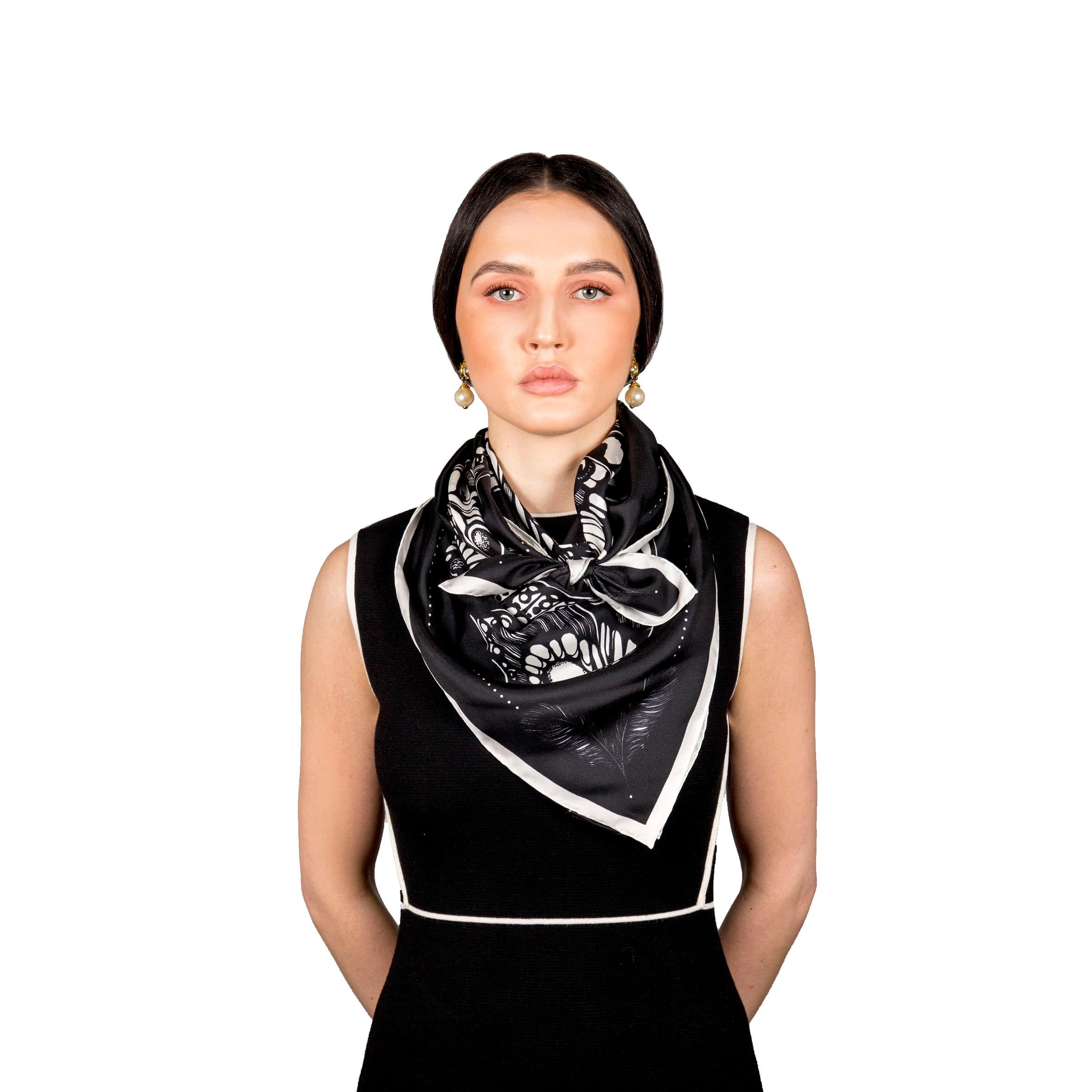 The Tropical Butterfly Silk Scarf - Black | 90x90cm - Emily Carter London
