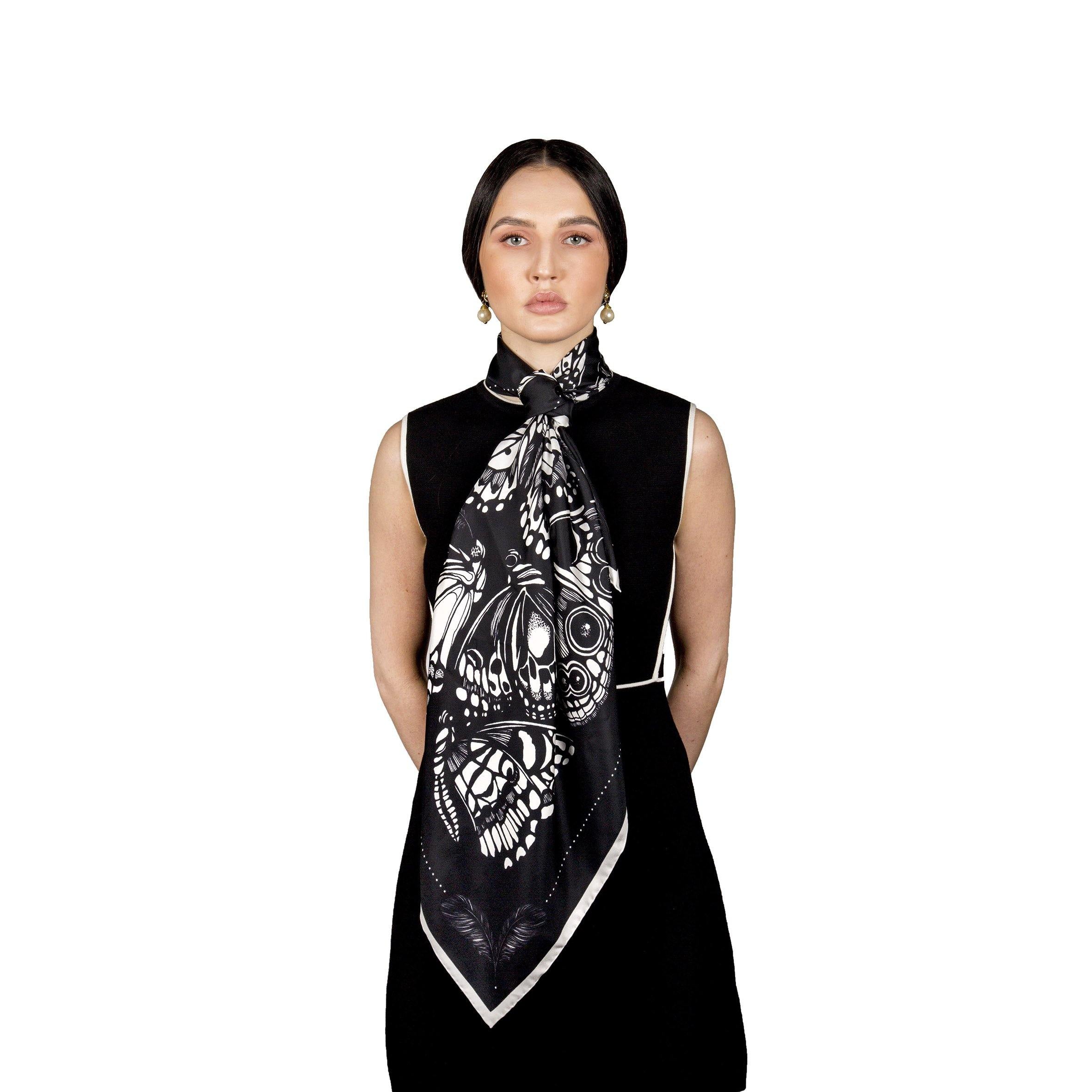 The Tropical Butterfly Silk Scarf - Black | 90x90cm - Emily Carter London