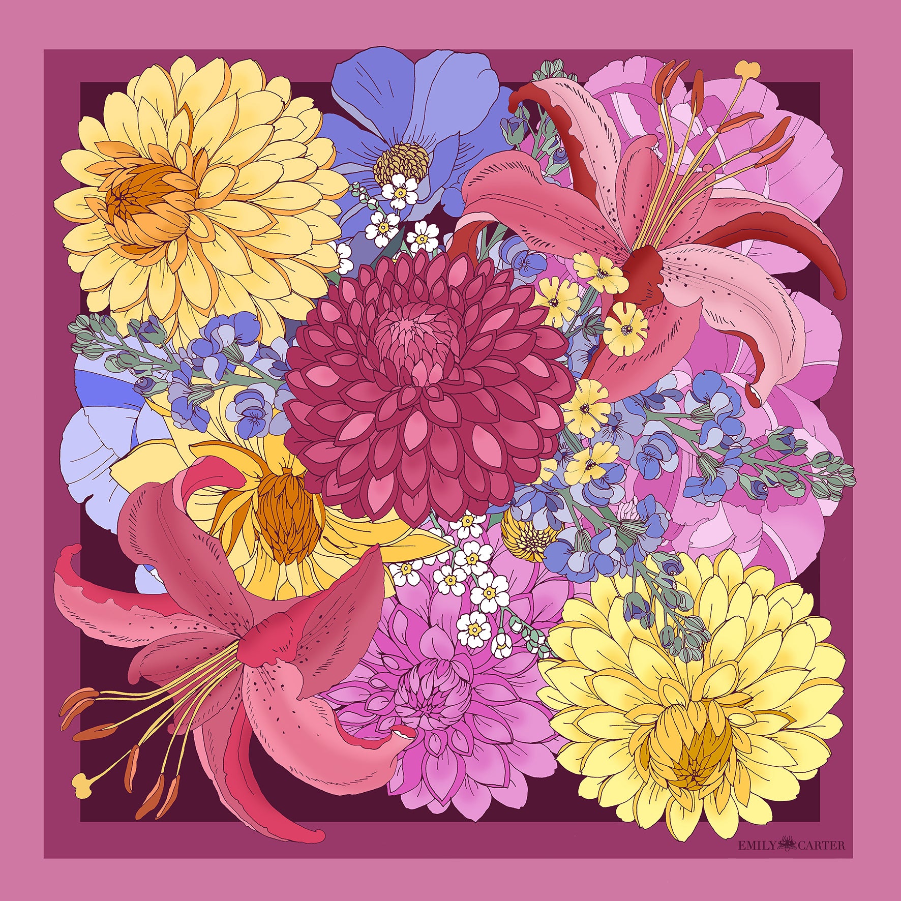 The Dahlia Bouquet Silk Scarf - Cerise | 45x45cm [Preorder]