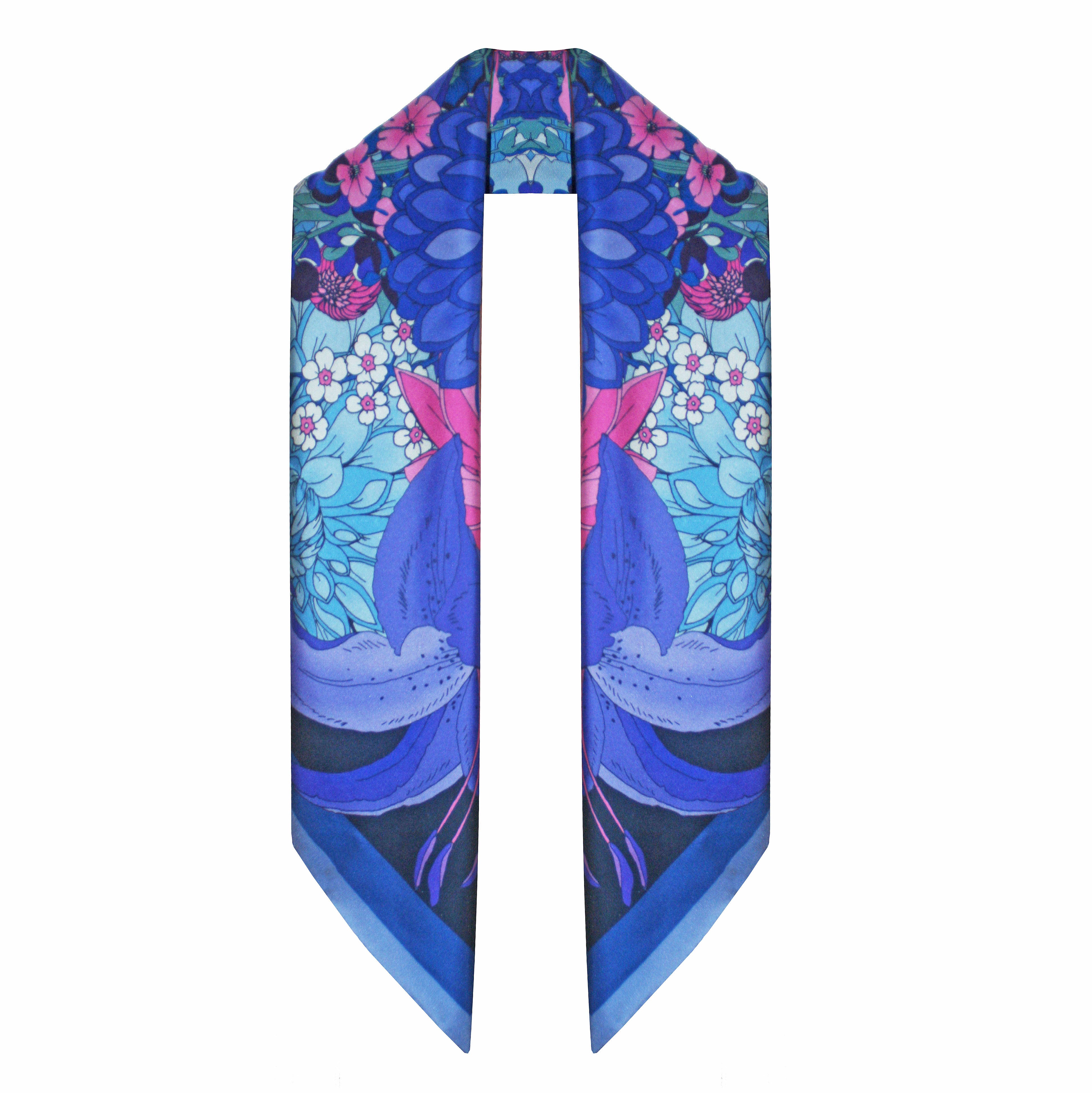 The Dahlia Bouquet Silk Scarf - Indigo | 45x45cm