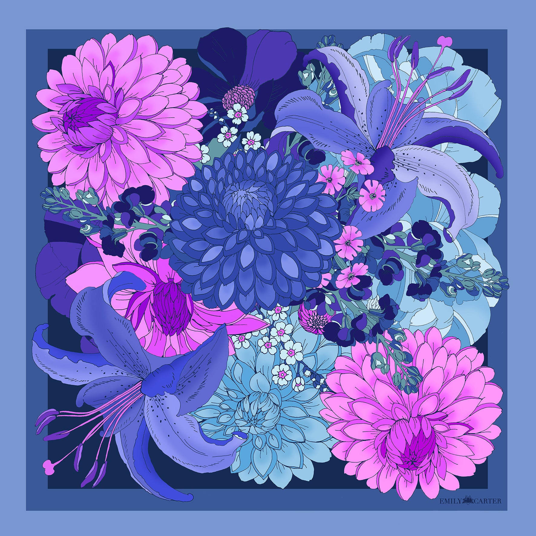 The Dahlia Bouquet Silk Scarf - Indigo | 45x45cm