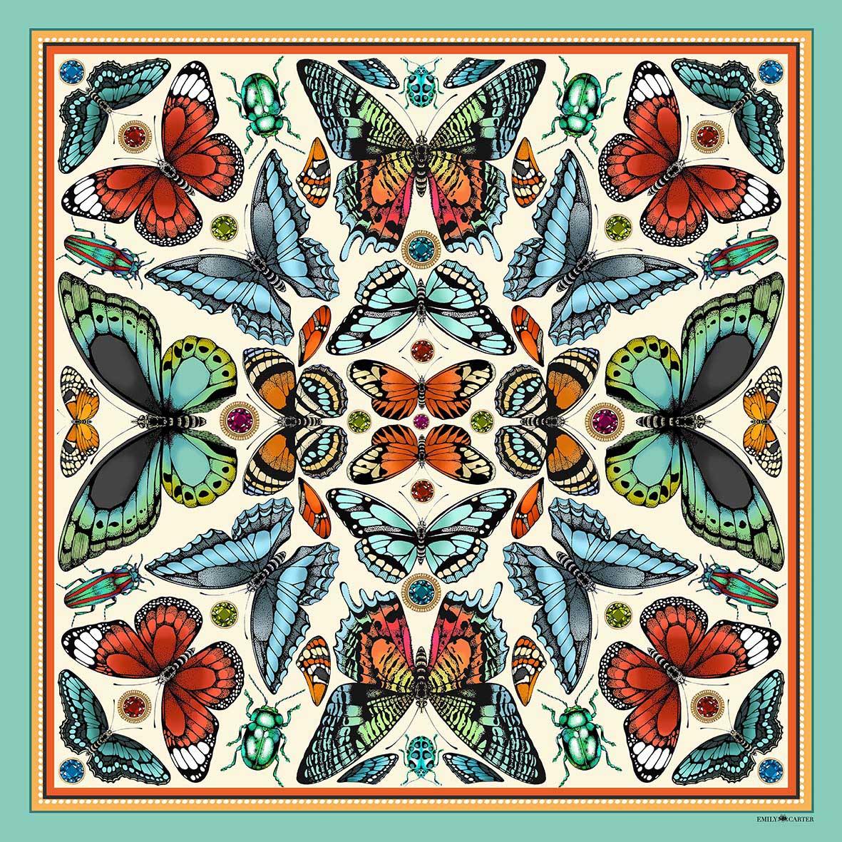 The Tropical Butterfly Silk Scarf - Turquoise | 90x90cm - Emily Carter London