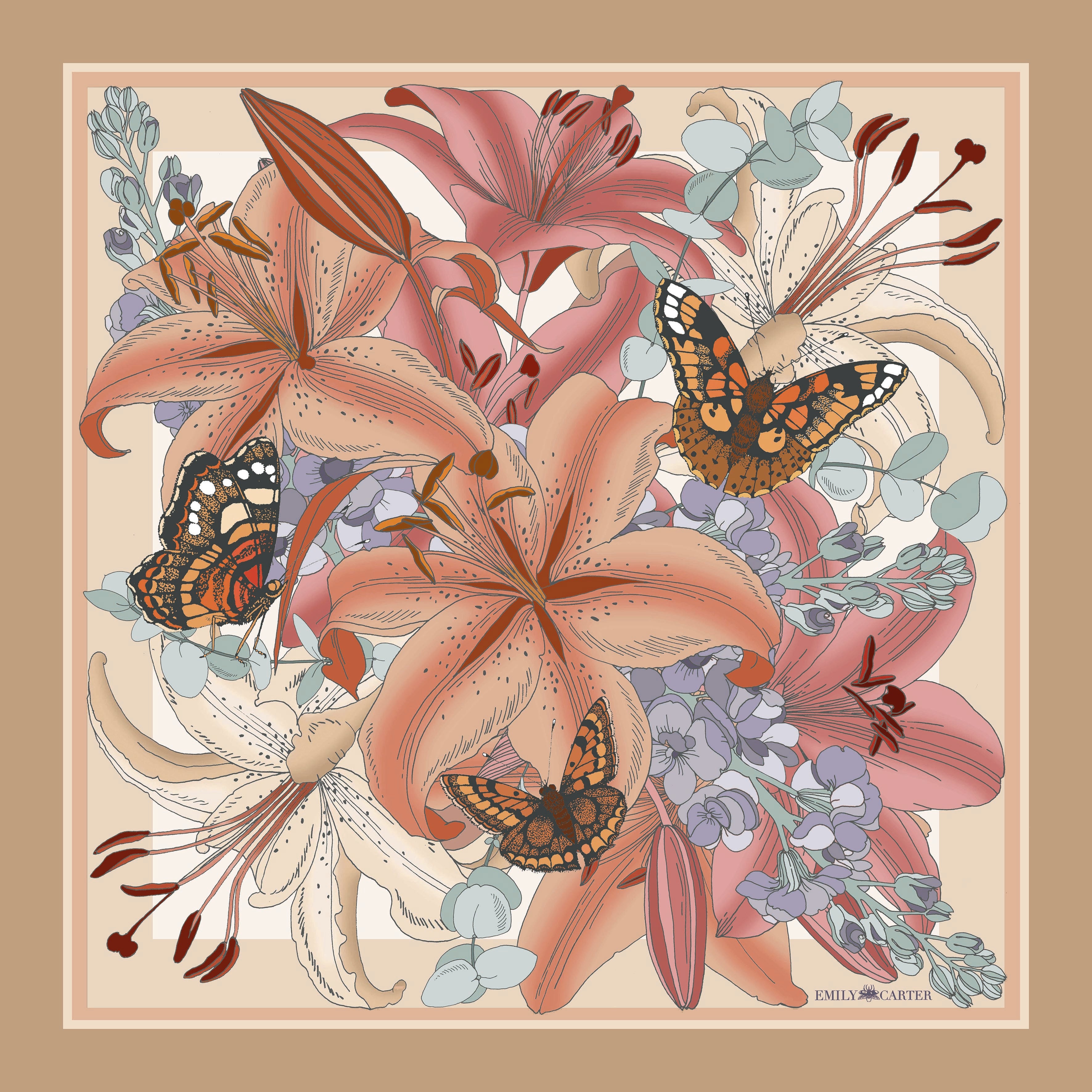 The Lily Bouquet Silk Neckerchief - Beige | 45x45cm