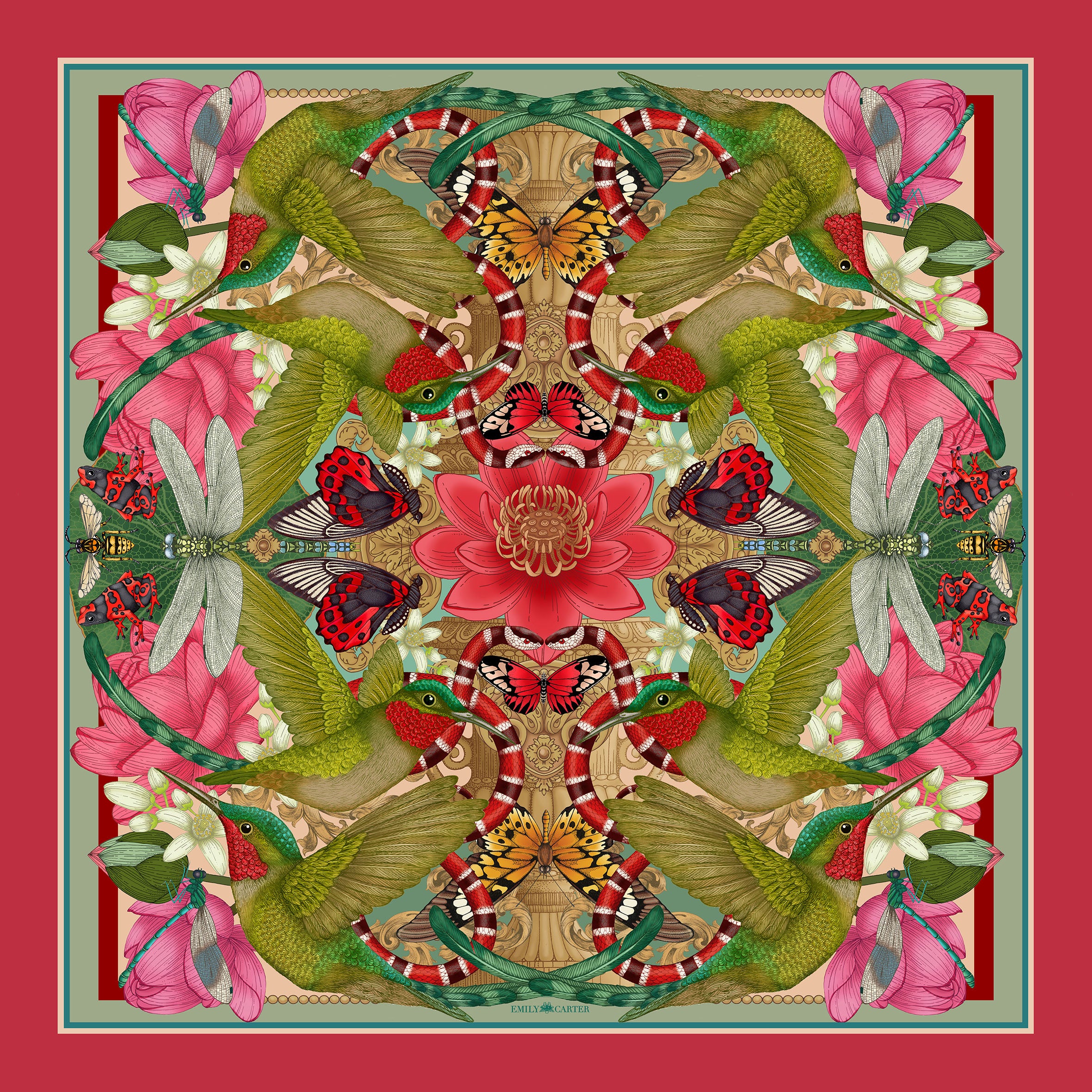 The Hummingbird & Lotus Silk Scarf | 90x90cm