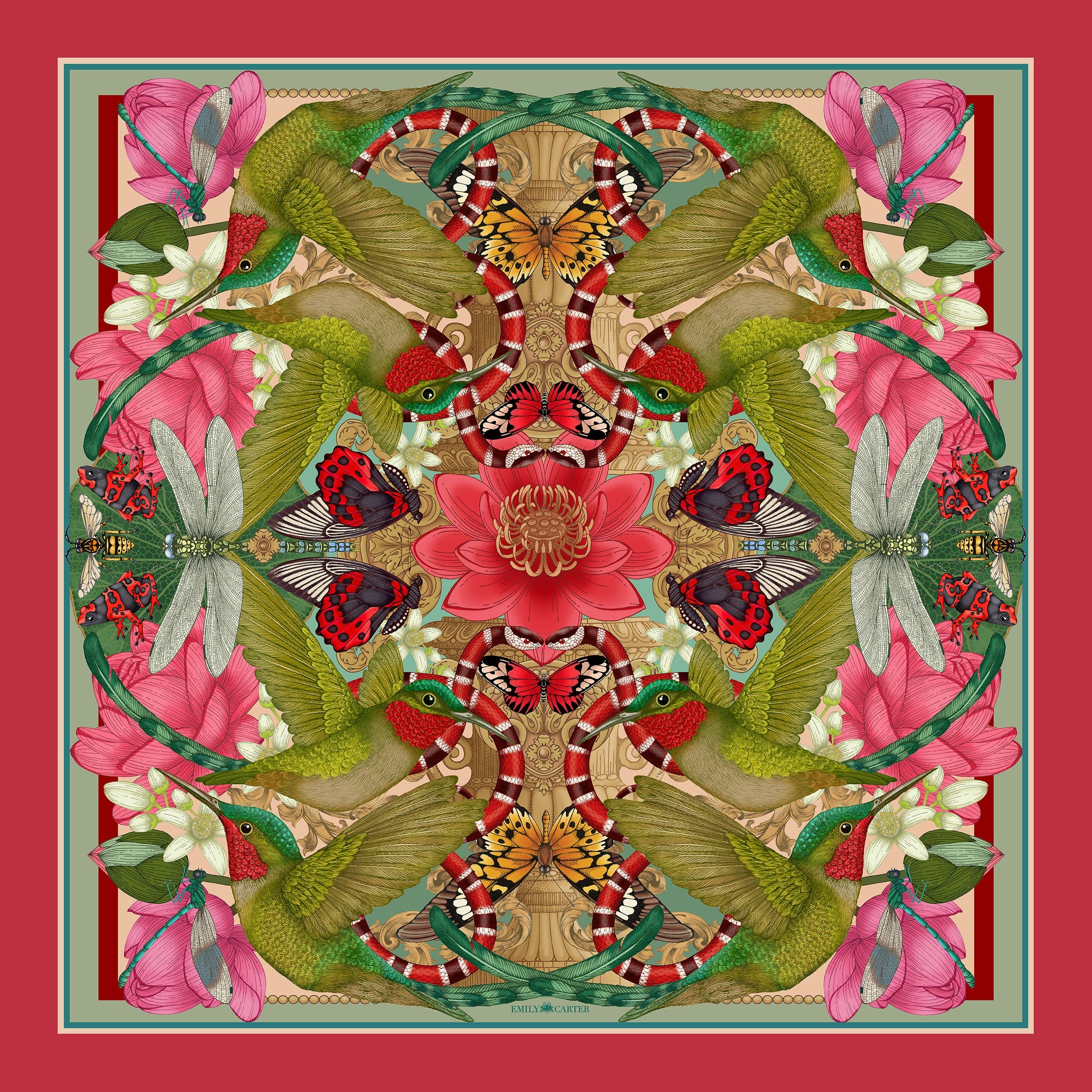The Hummingbird & Lotus Silk Scarf | 130x130cm [Preorder]