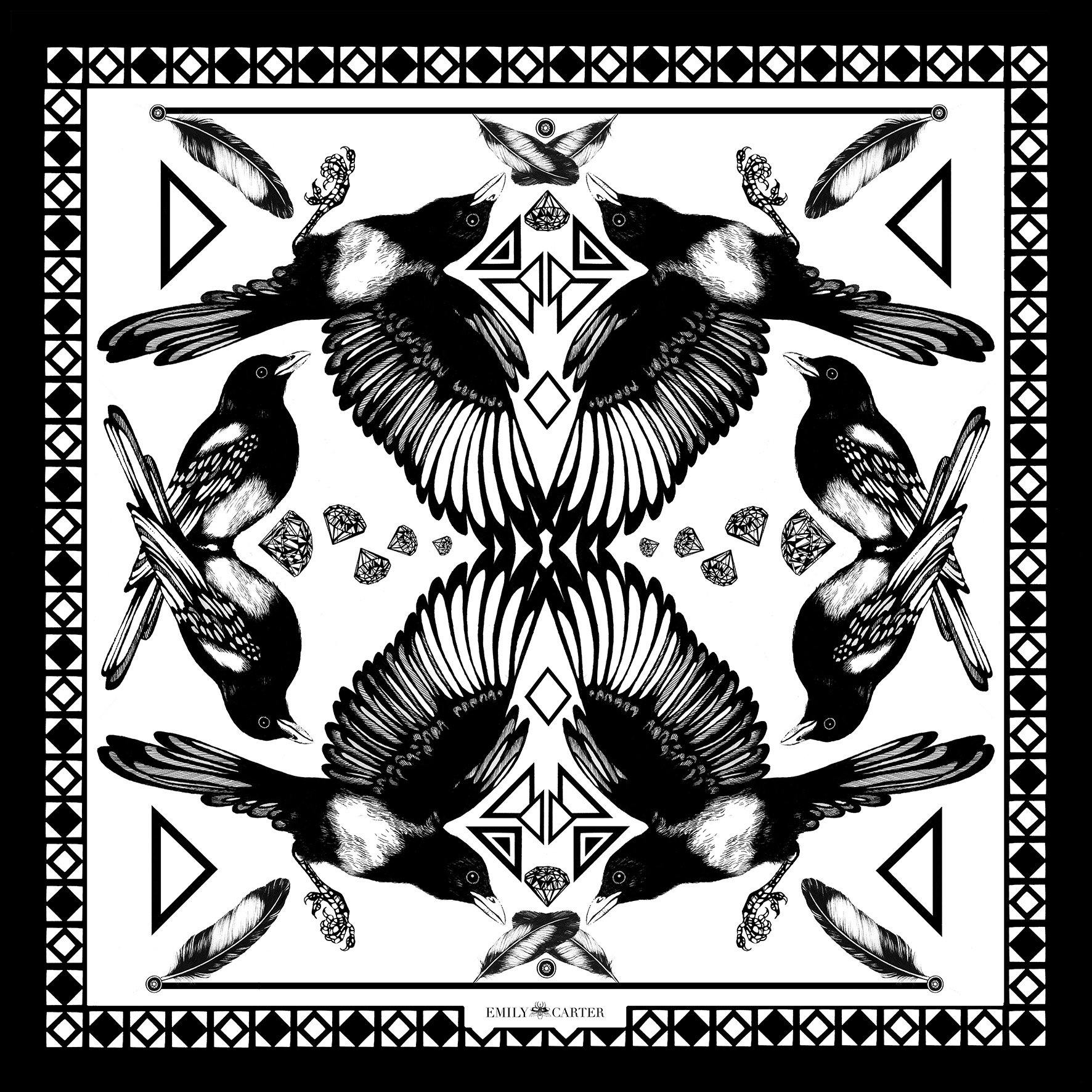 The Mysterious Magpie Silk Scarf | 90x90cm - Emily Carter London