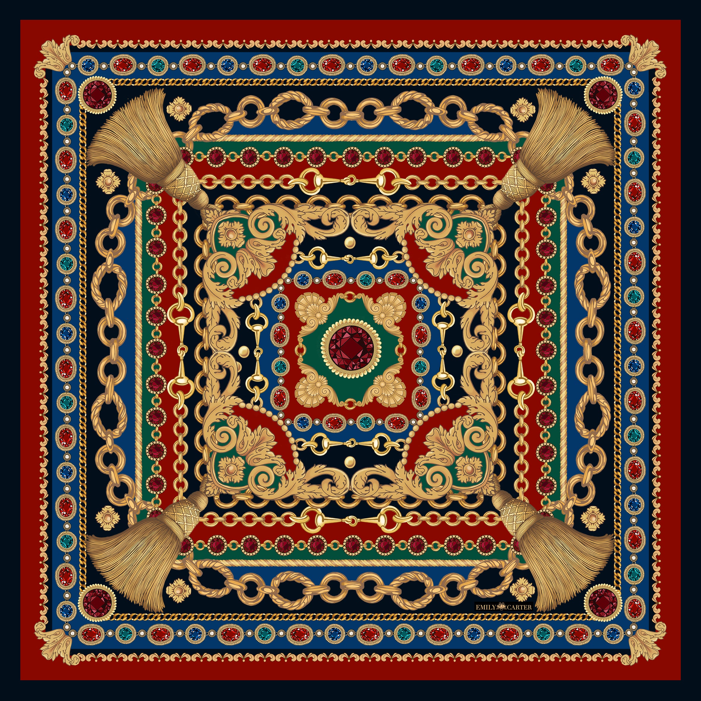 The Jewelled Baroque Silk Scarf - Garnet | 90x90cm