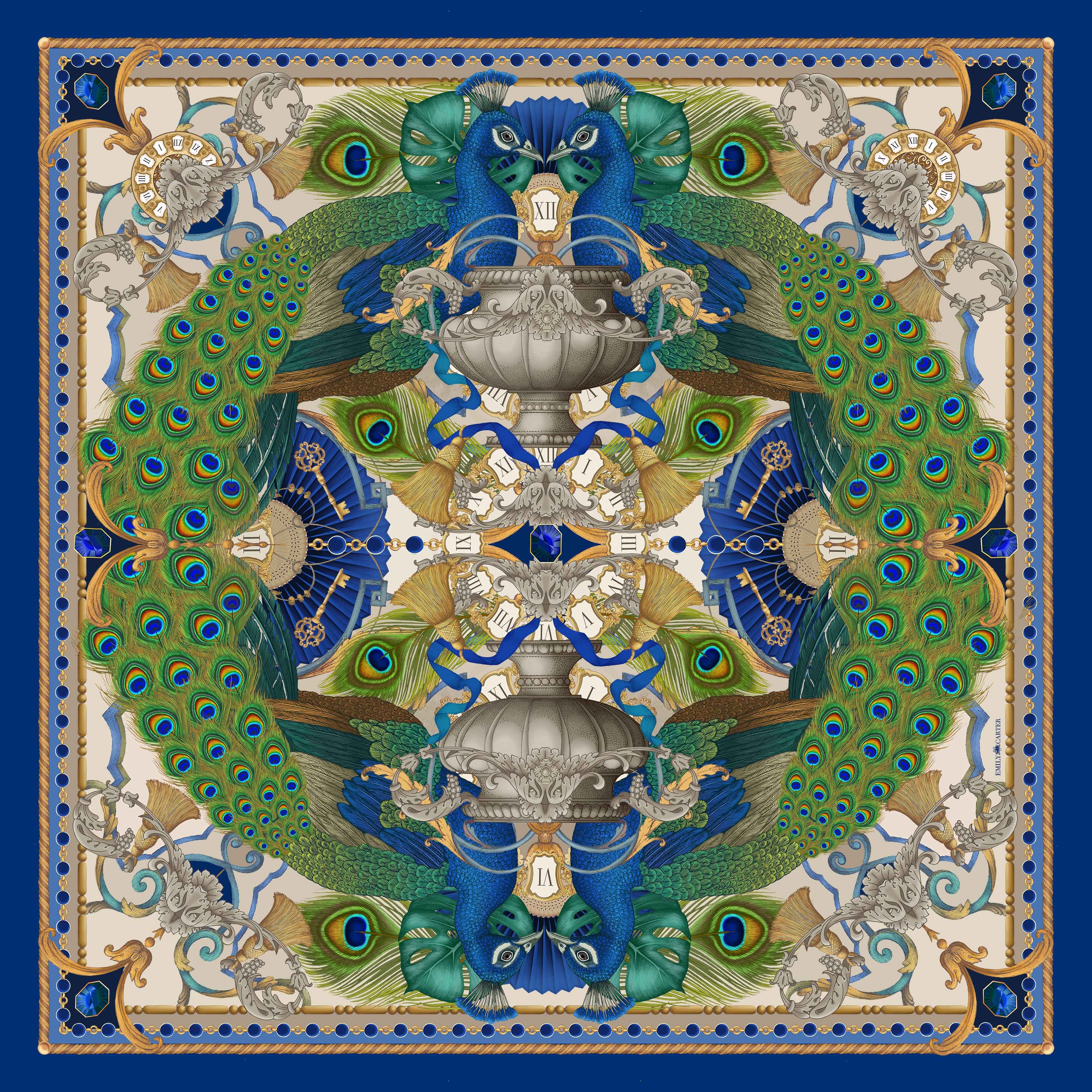The Peacock Baroque Silk Scarf - Lapis | 130x130cm
