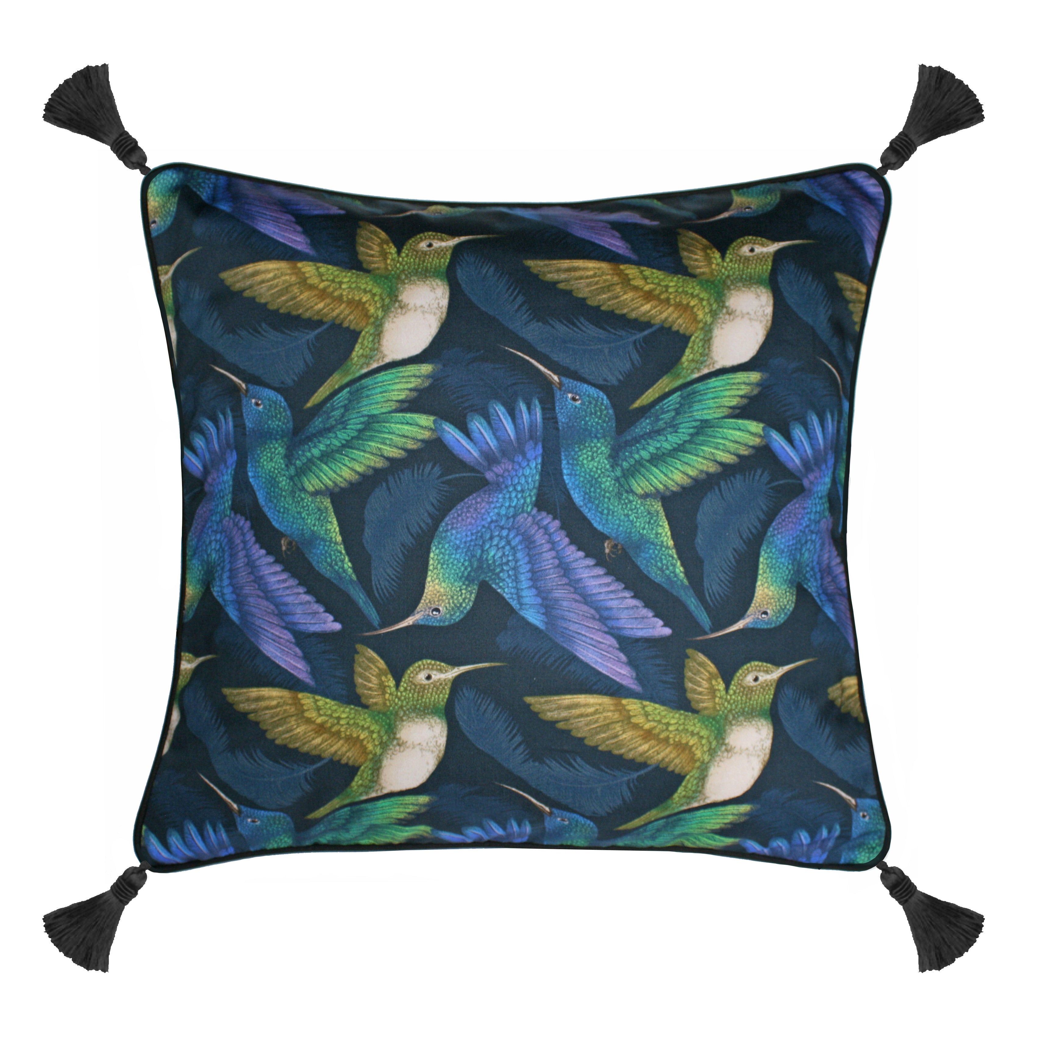 The Tropical Hummingbird Cushion Tassels Indigo | 45x45cm