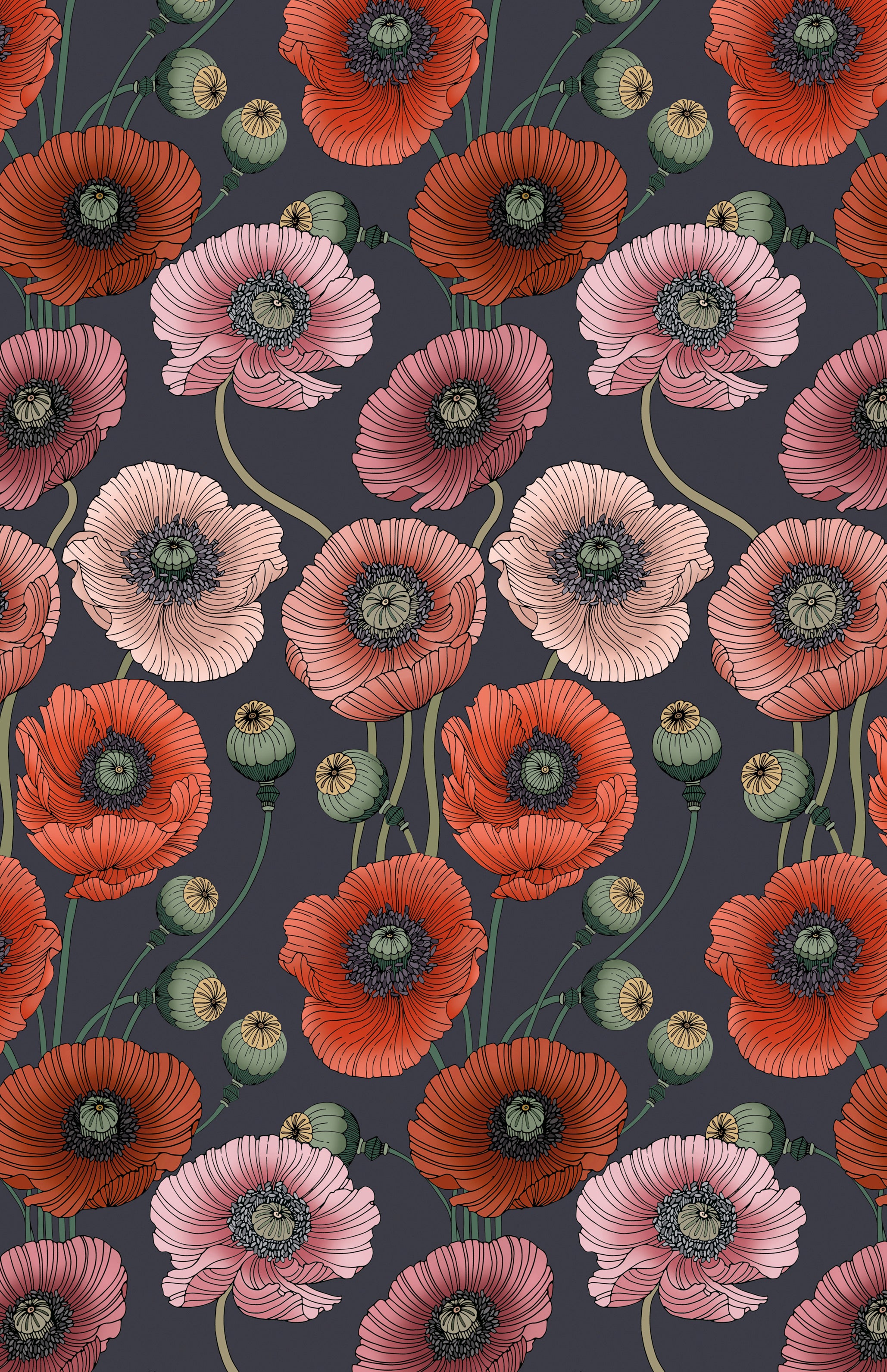 Art Nouveau Poppy Navy Wallpaper