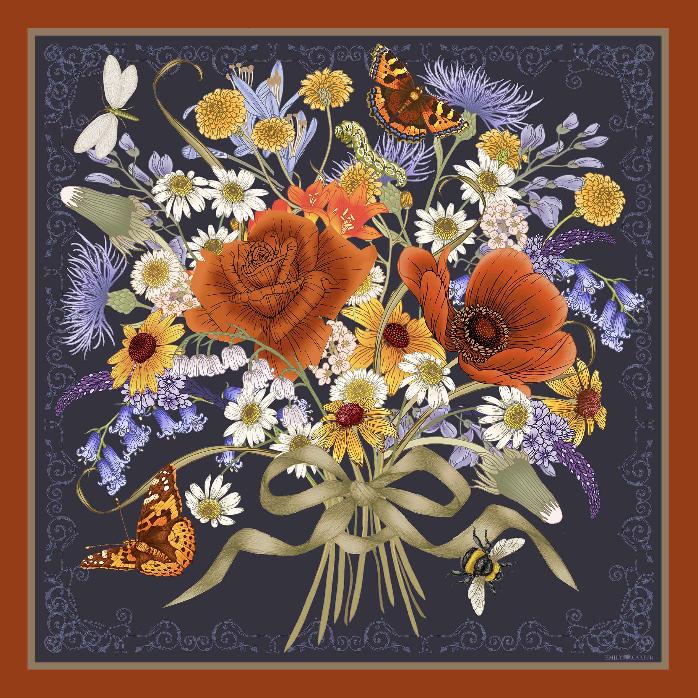 The Autumn Rose Bouquet Silk Scarf - Navy | 90x90cm [Preorder]