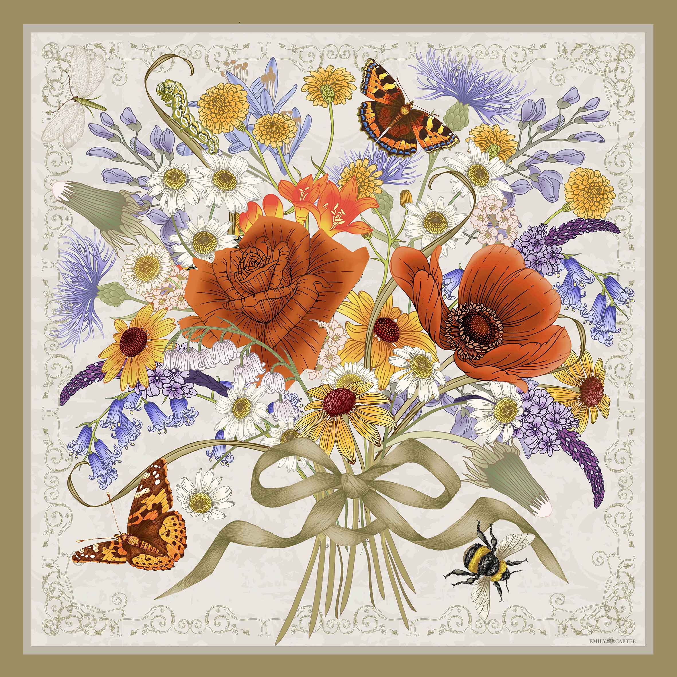 The Autumn Rose Bouquet Silk Scarf - Cream | 90x90cm [Preorder]