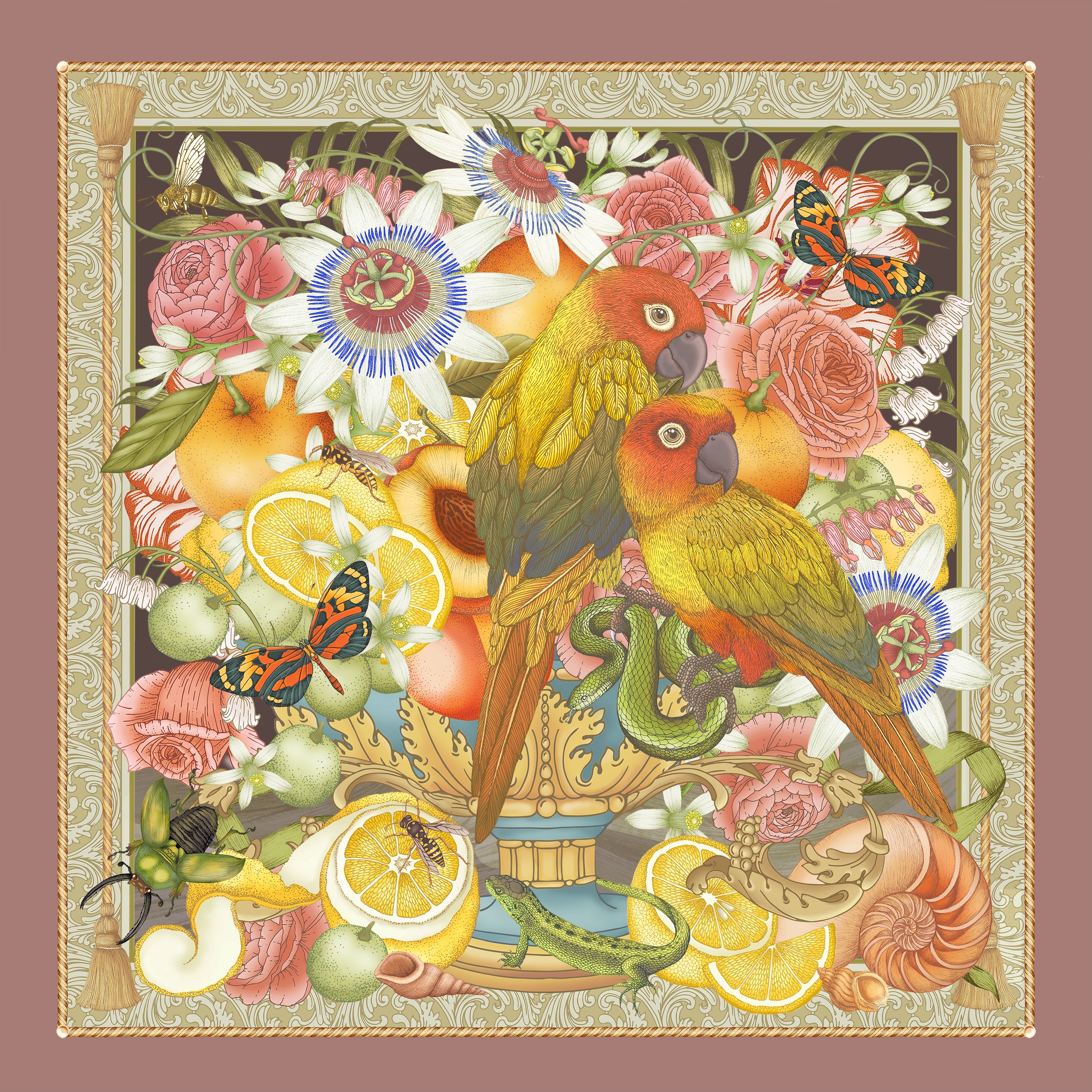 The Parrot & Passion Flower Silk Scarf - Aubergine | 90x90cm [Preorder]