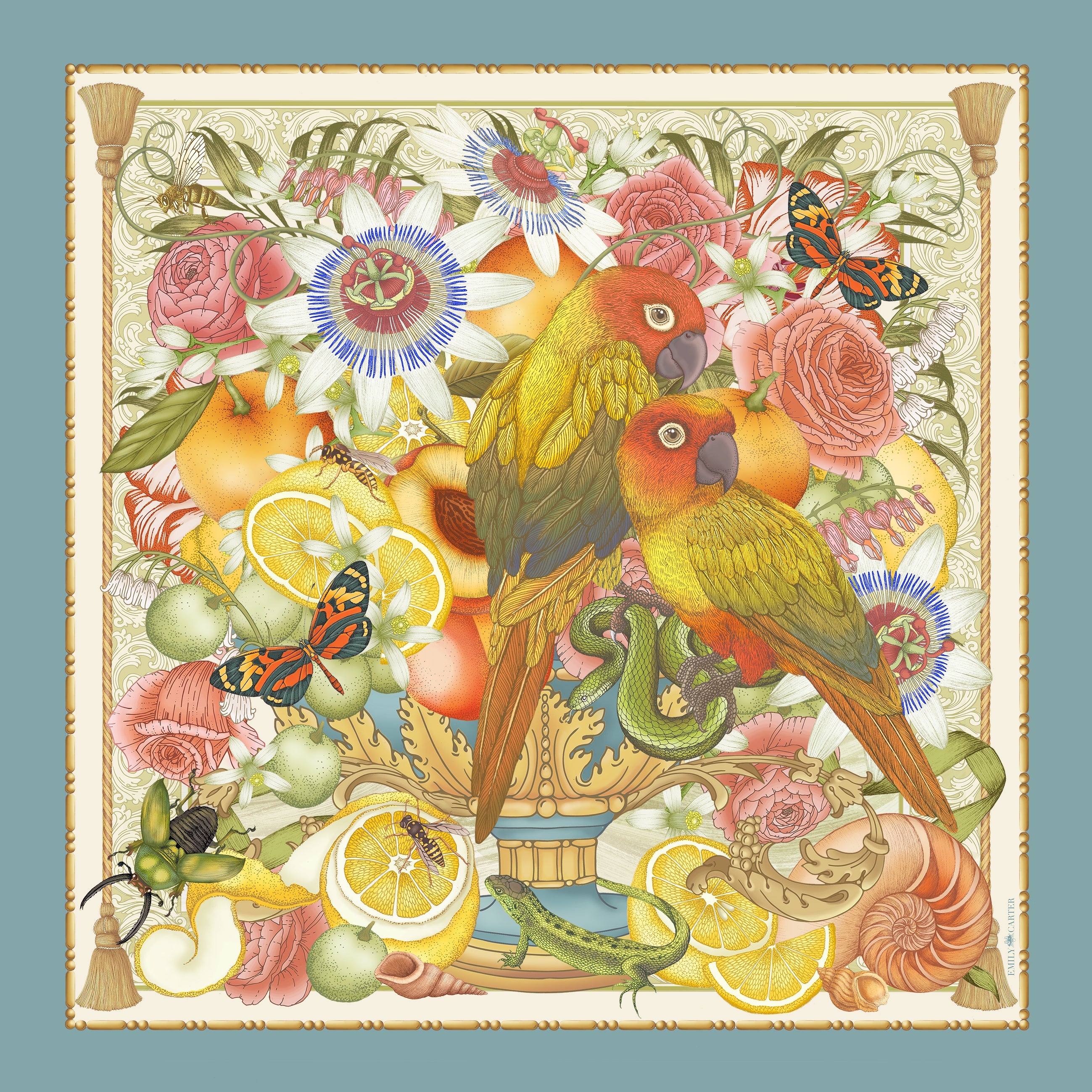 The Parrot & Passion Flower Silk Scarf | 90x90cm