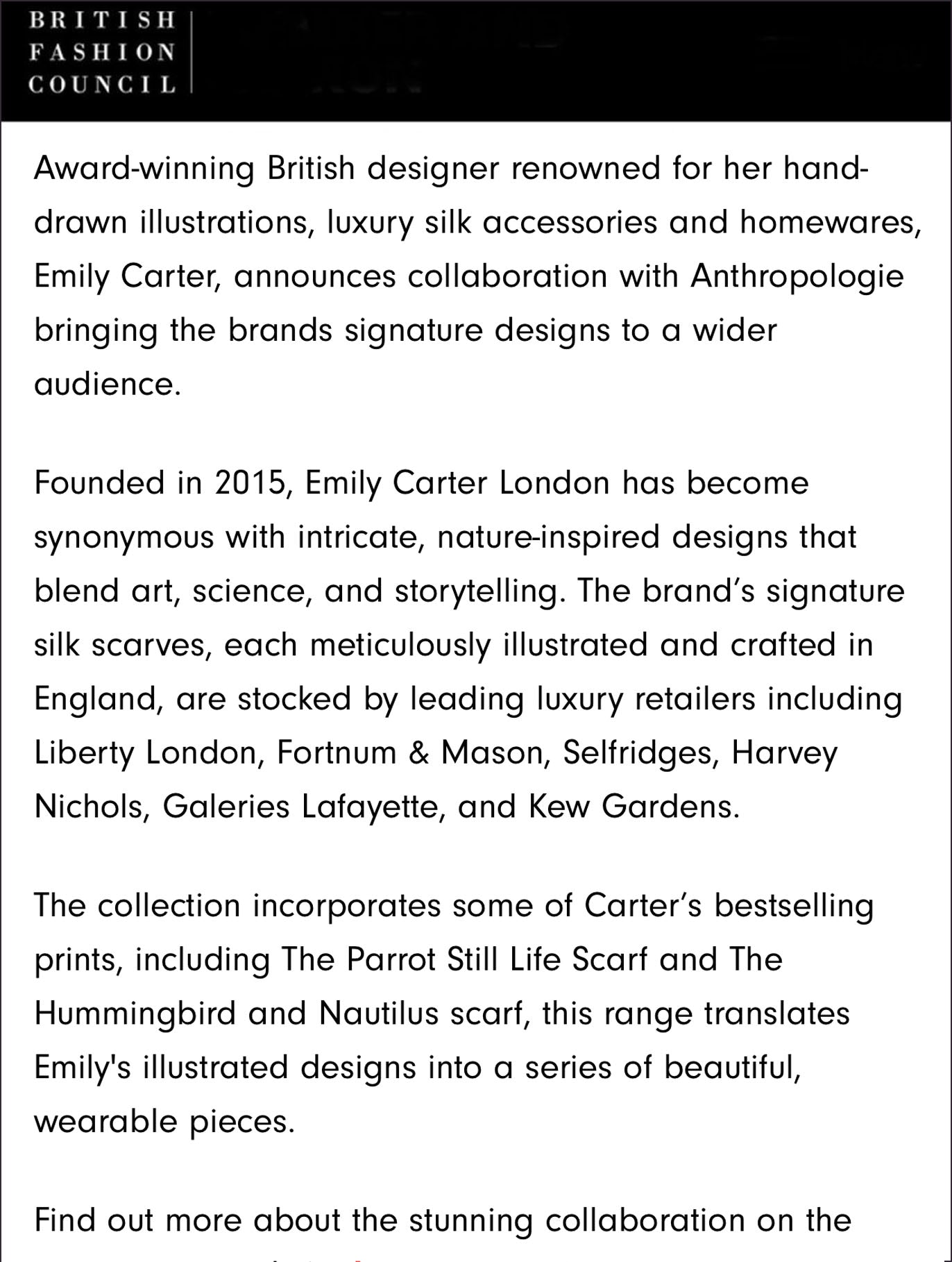 Emily Carter's collaboration with Anthropologie written by the British fashion council