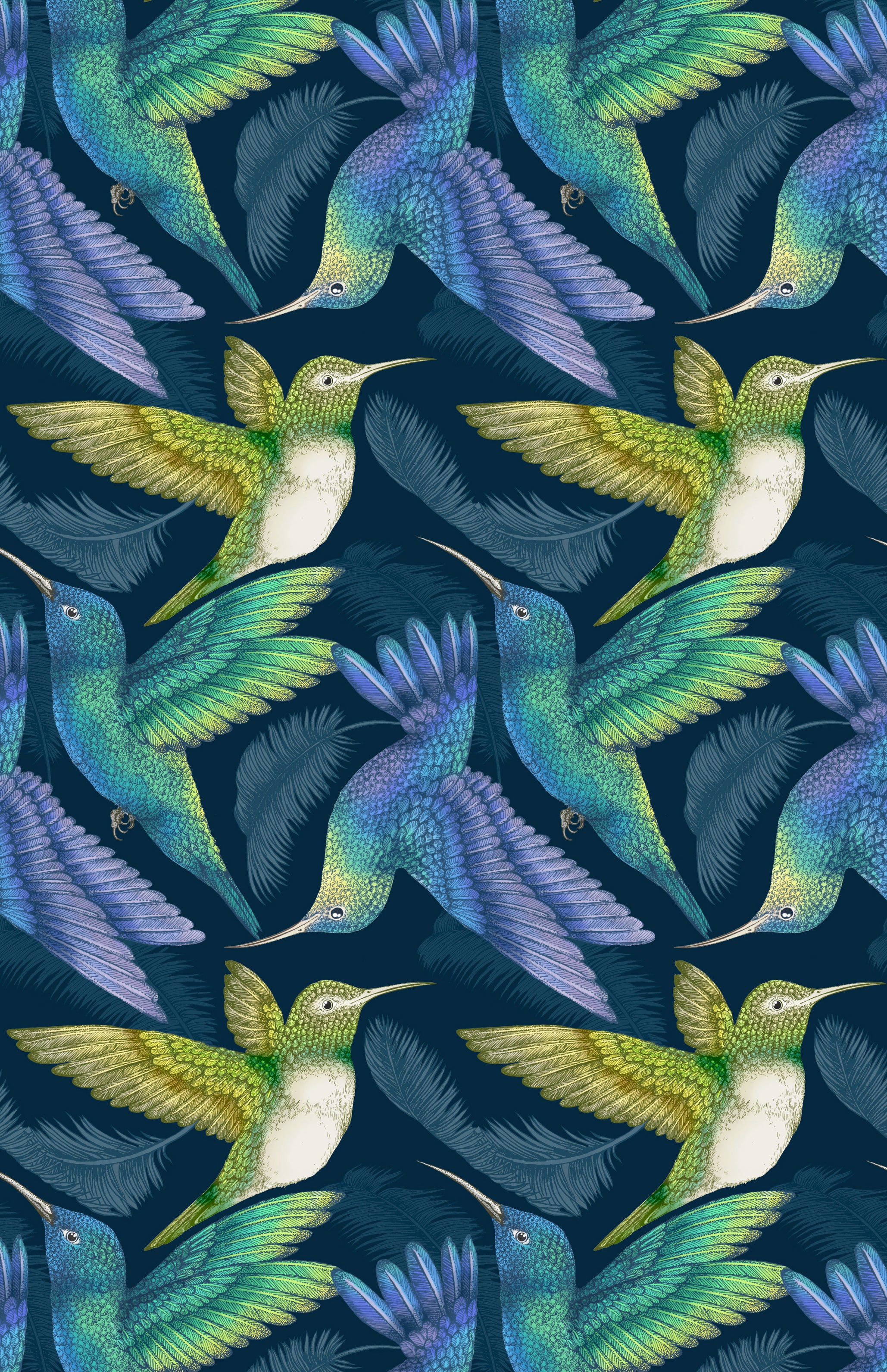 Antique Hummingbird Indigo Wallpaper