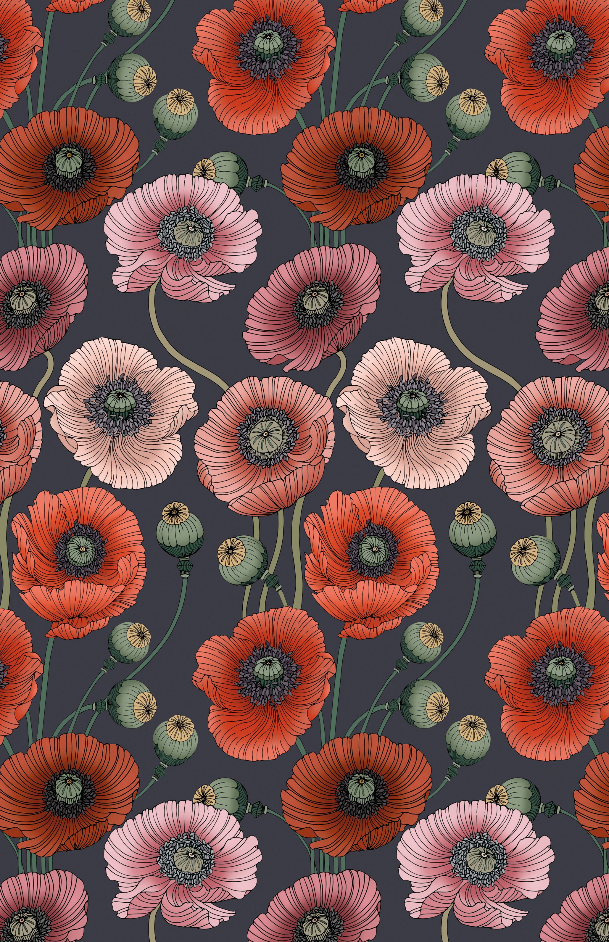 Art Nouveau Poppy Navy Wallpaper