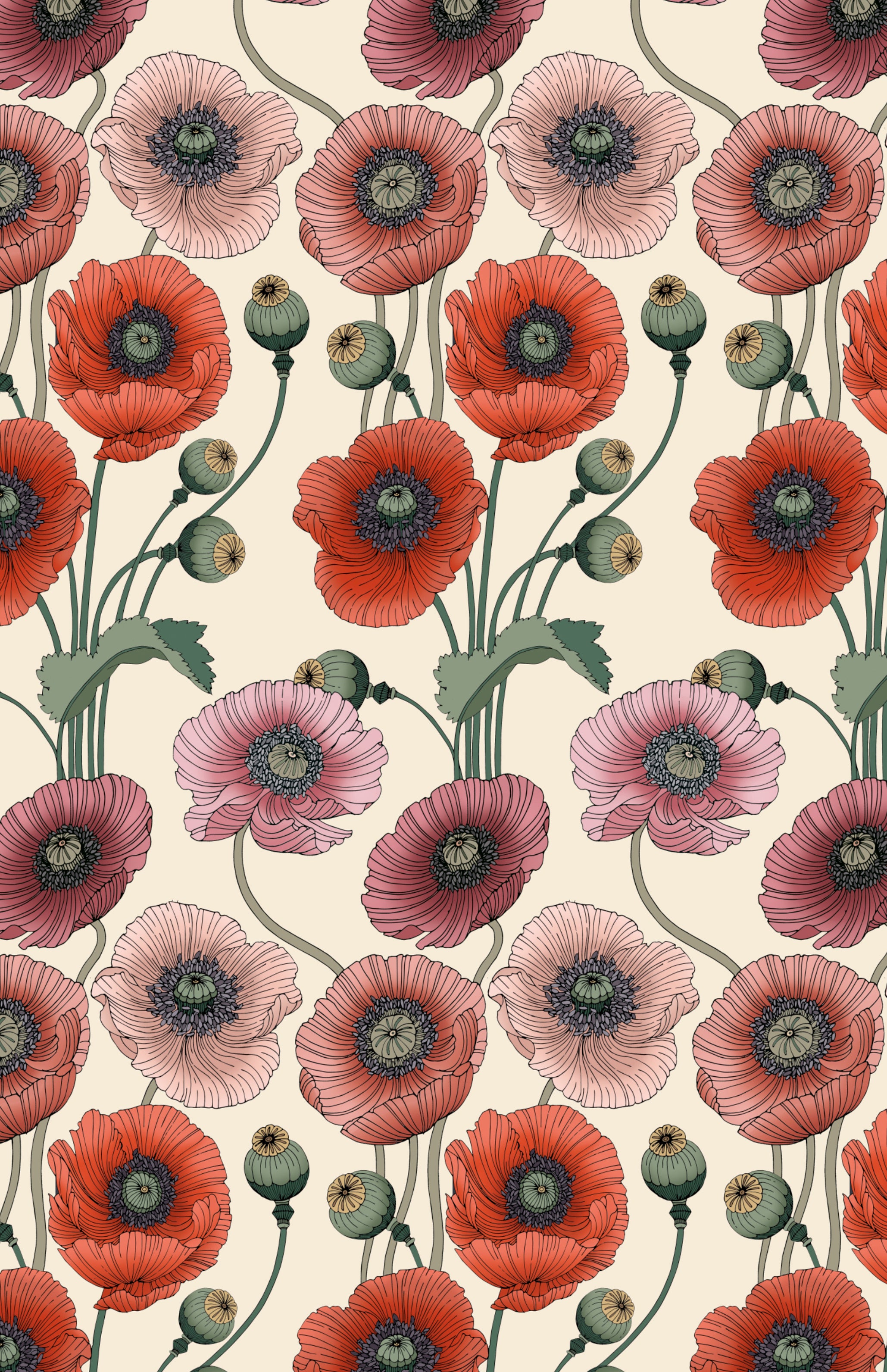 Art Nouveau Poppy Cream Wallpaper