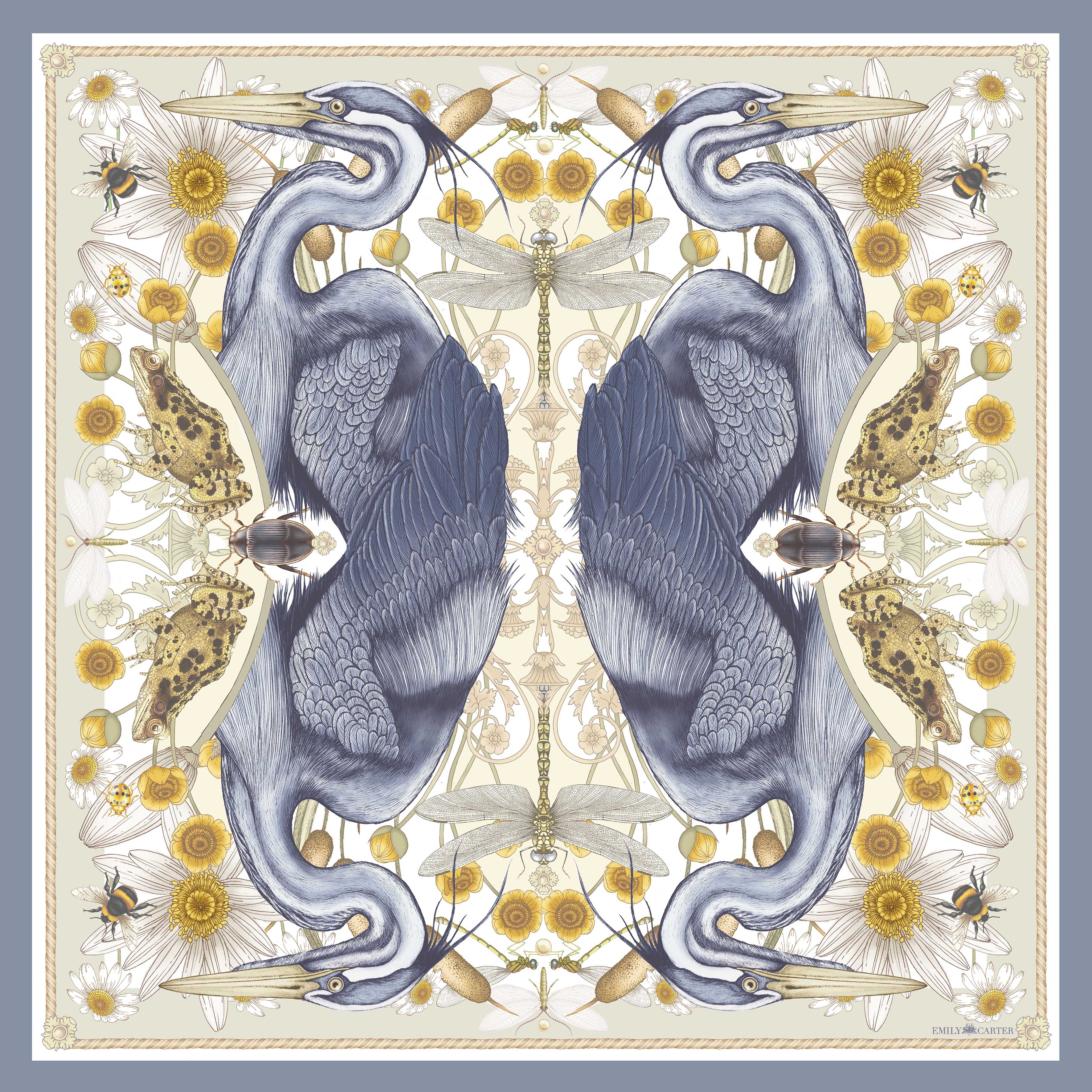 The Heron & Dragonfly Silk Scarf | 90x90cm