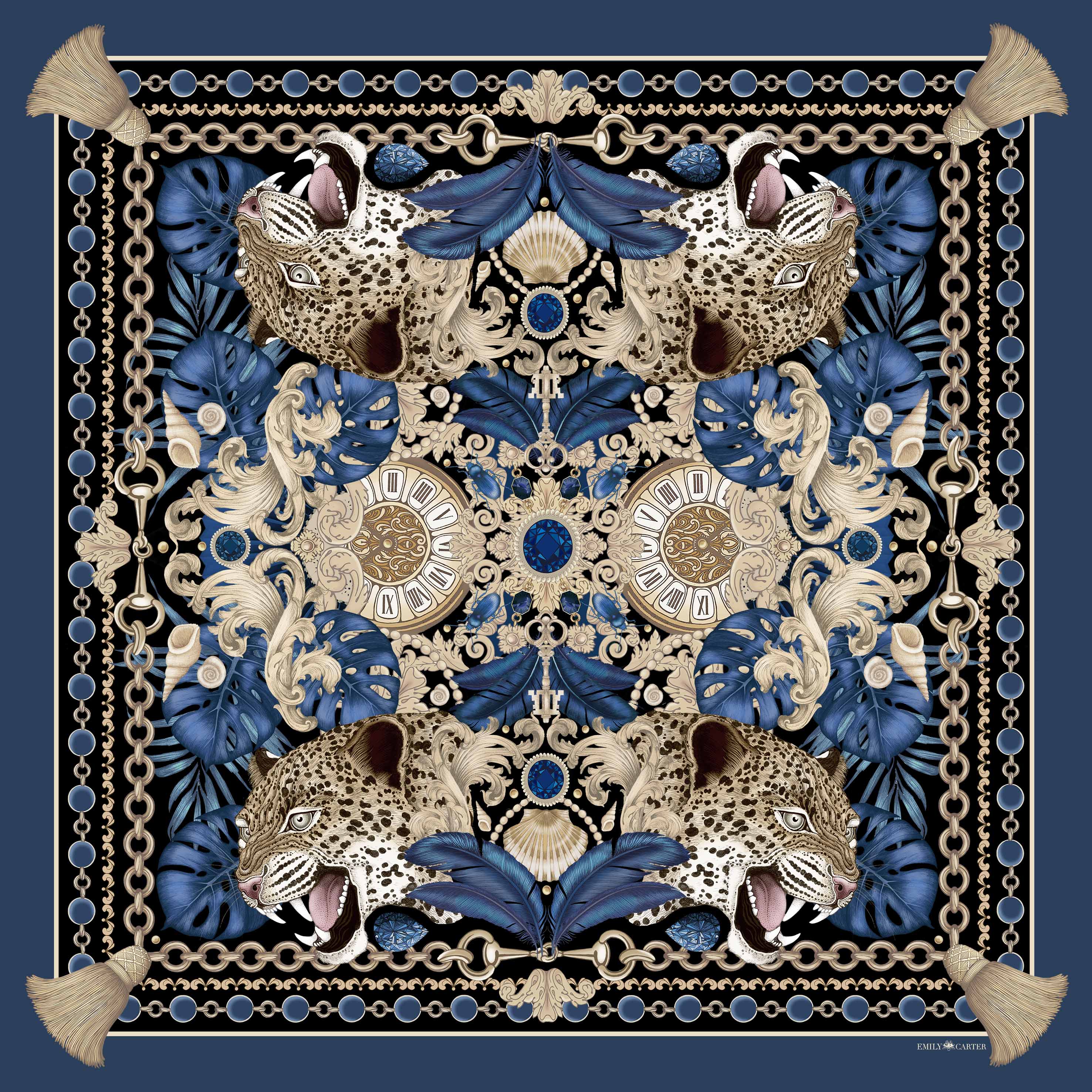 The Sapphire & Jaguar Scarf | Wool/Silk | 130x130cm