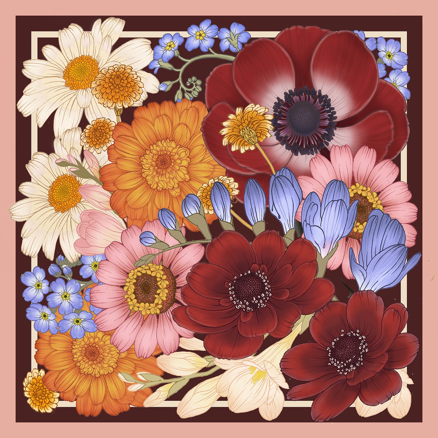 The Anemone & Freesia Silk Scarf | 90x90cm [Preorder]