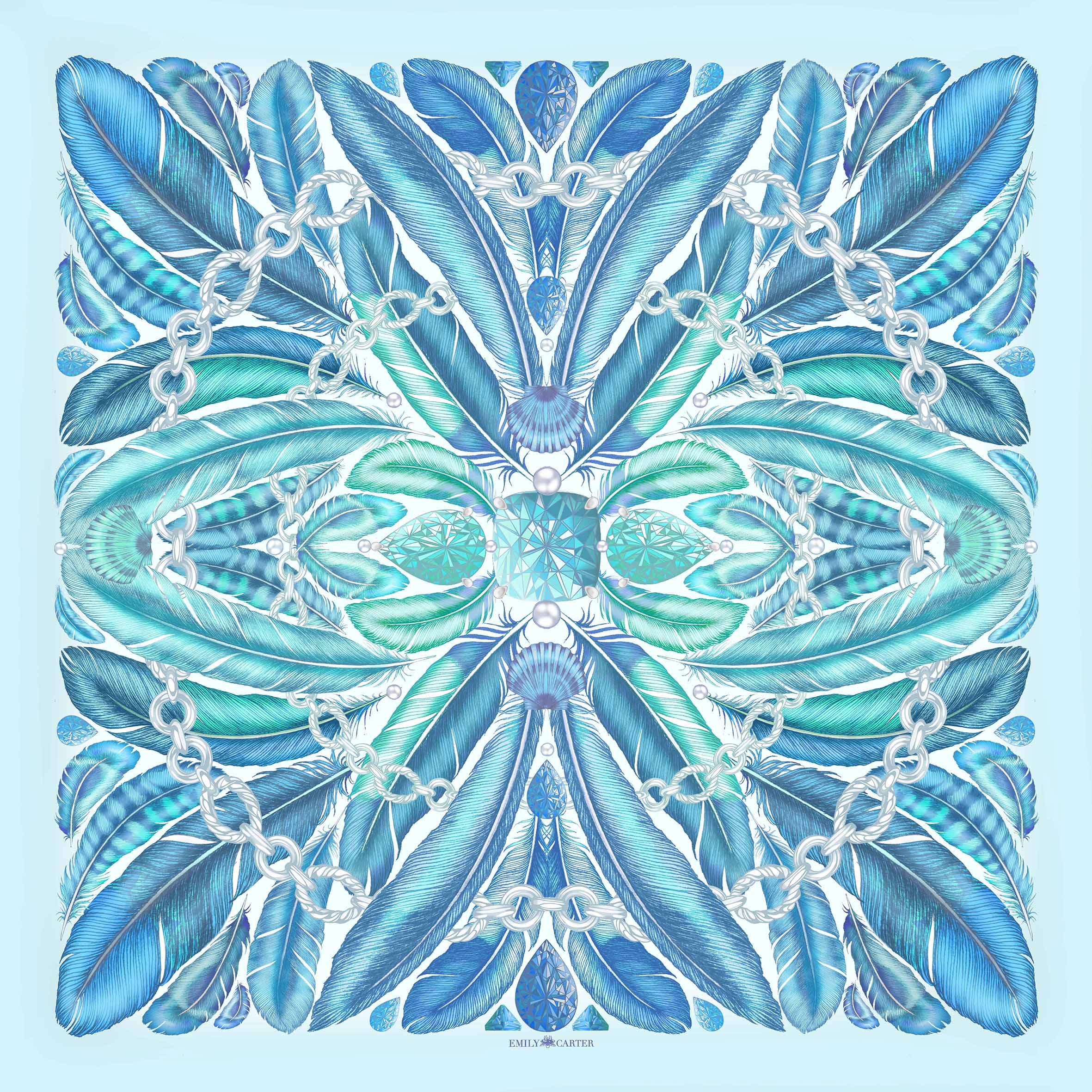 The  Feather & Aquamarine Silk Scarf | 90x90cm [Preorder]