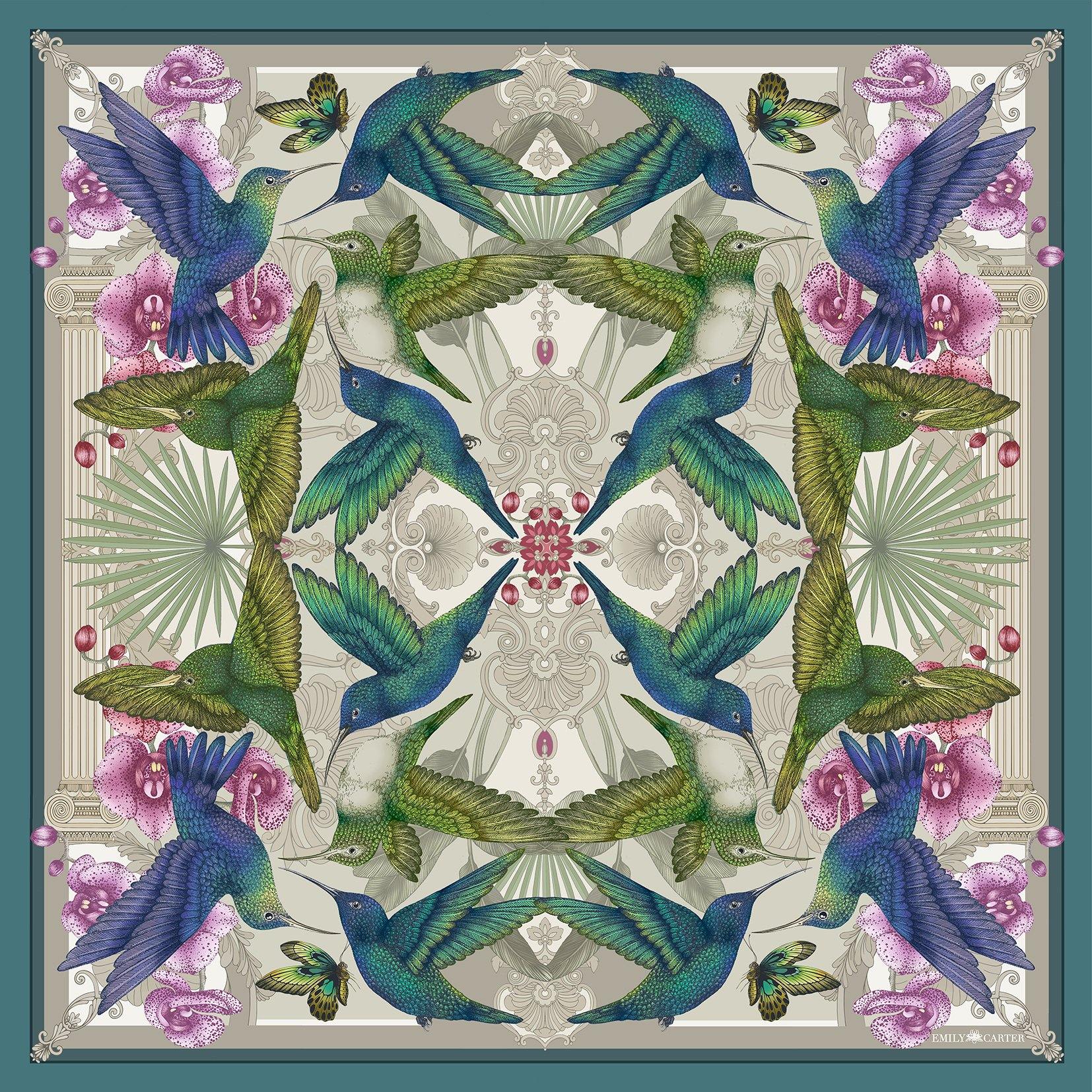 The Hummingbird Temple Silk Scarf | 90x90cm - Emily Carter London