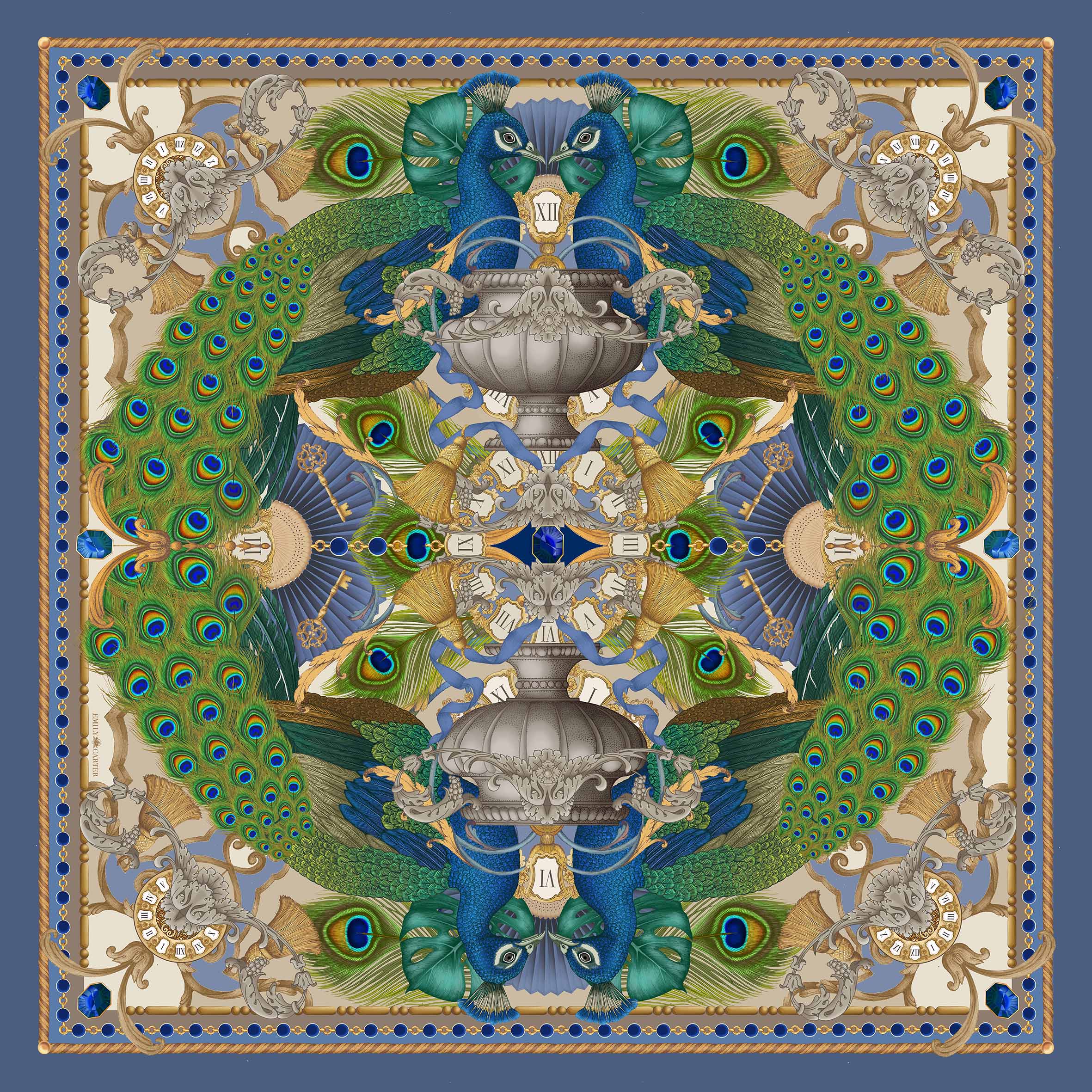 The Peacock Baroque Silk Scarf - Cornflower | 90x90cm [Preorder]