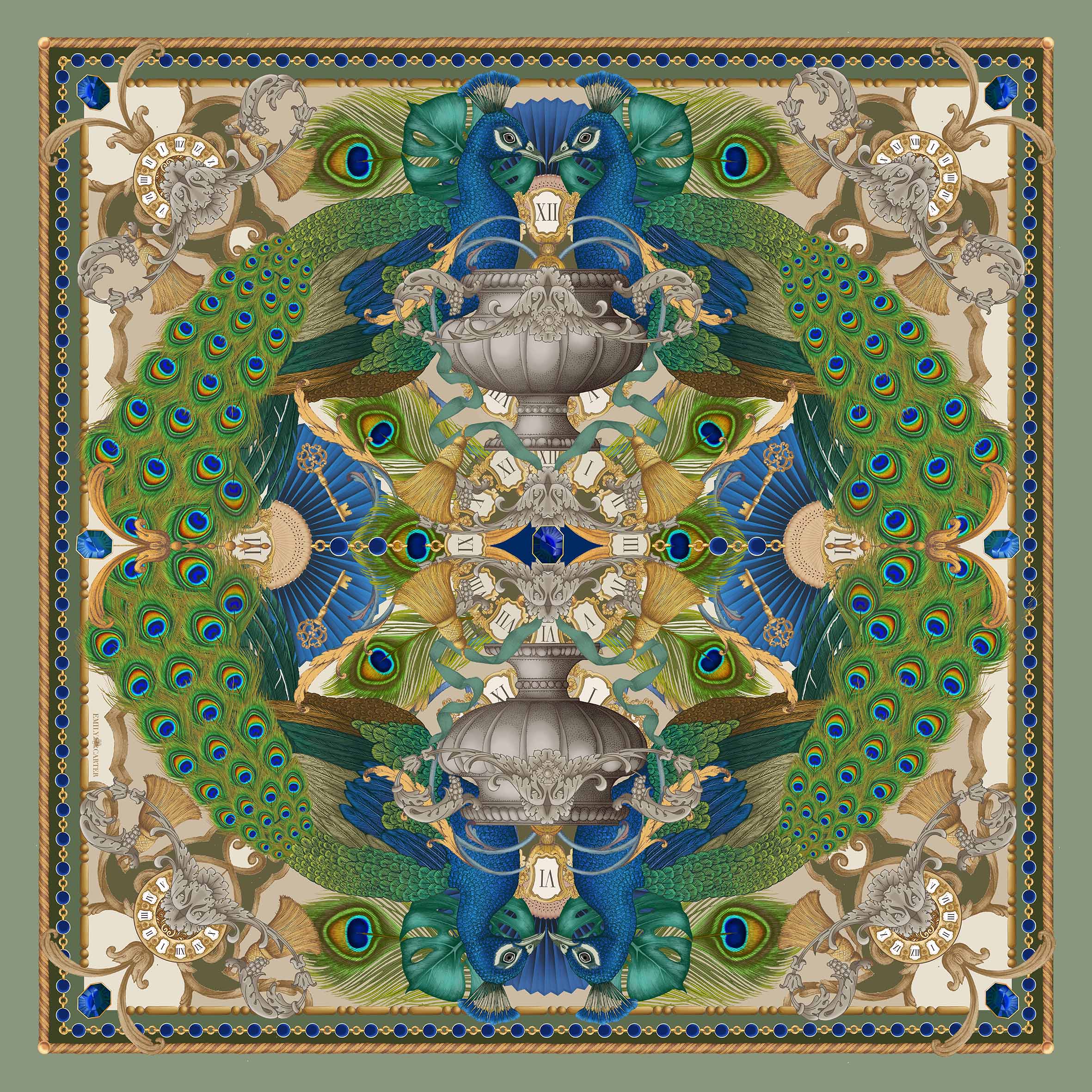 The Peacock Baroque Silk Scarf - Sage | 90x90cm [Preorder]
