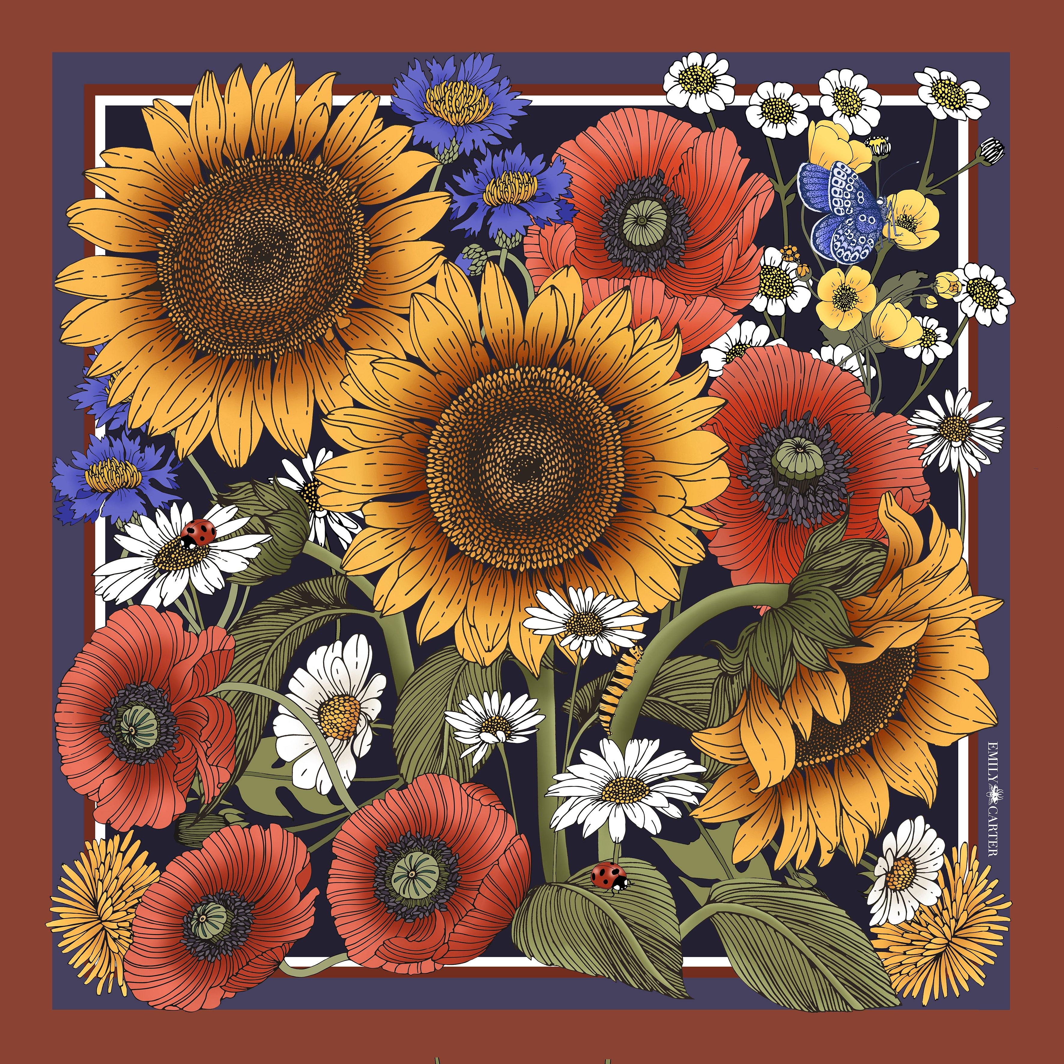 The Sunflower Garden Silk Scarf | 90x90cm - Emily Carter London