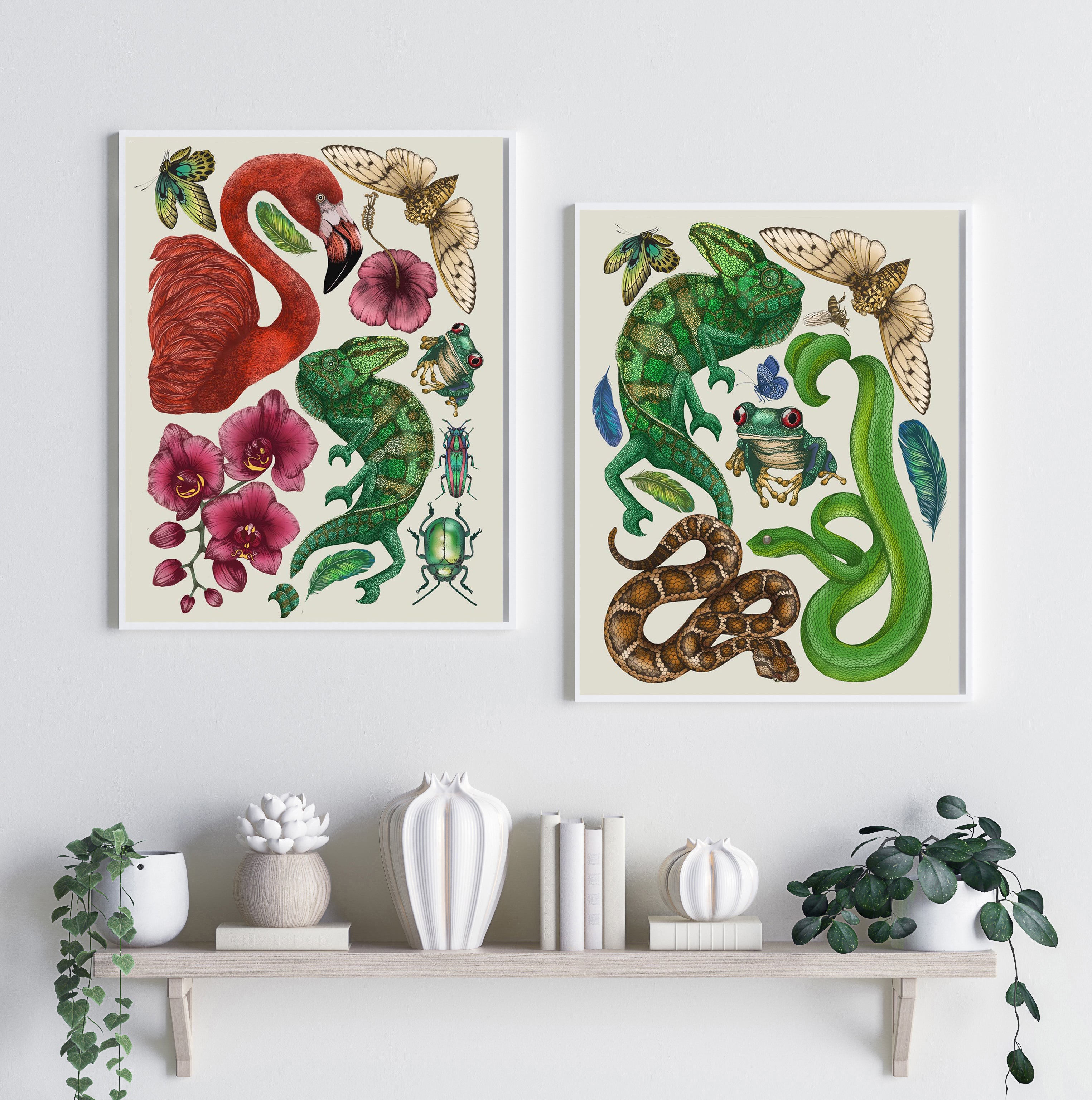 'Antique Tropical Flora & Fauna - Cream' Fine Art Print