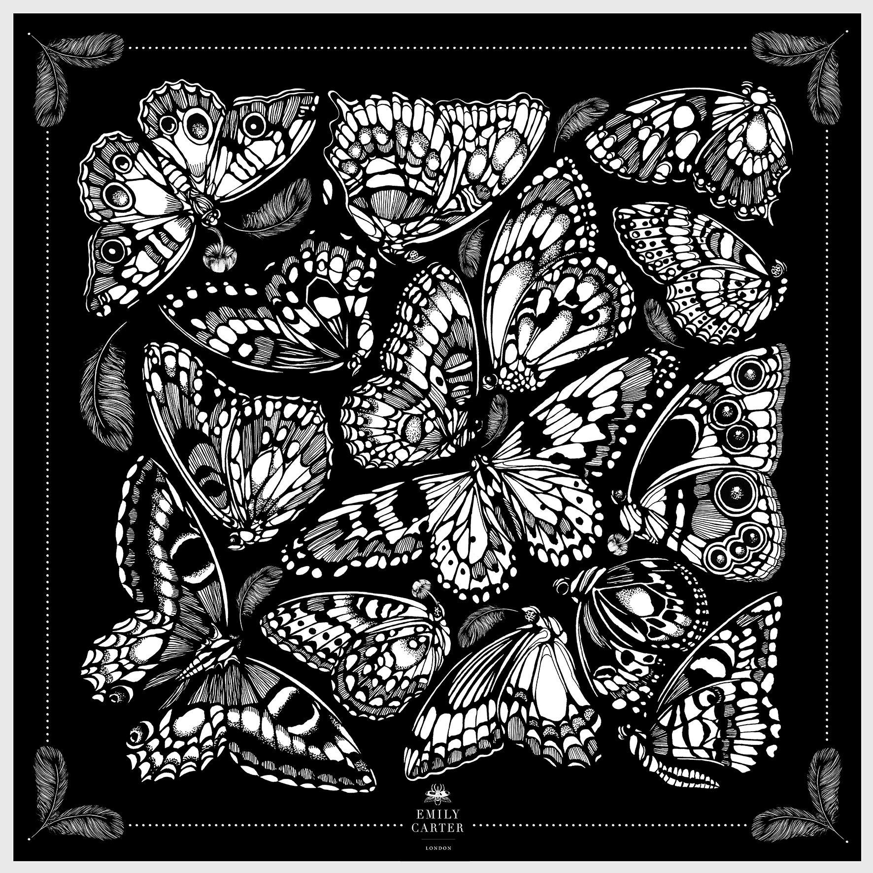 The Tropical Butterfly Silk Scarf - Black | 90x90cm - Emily Carter London