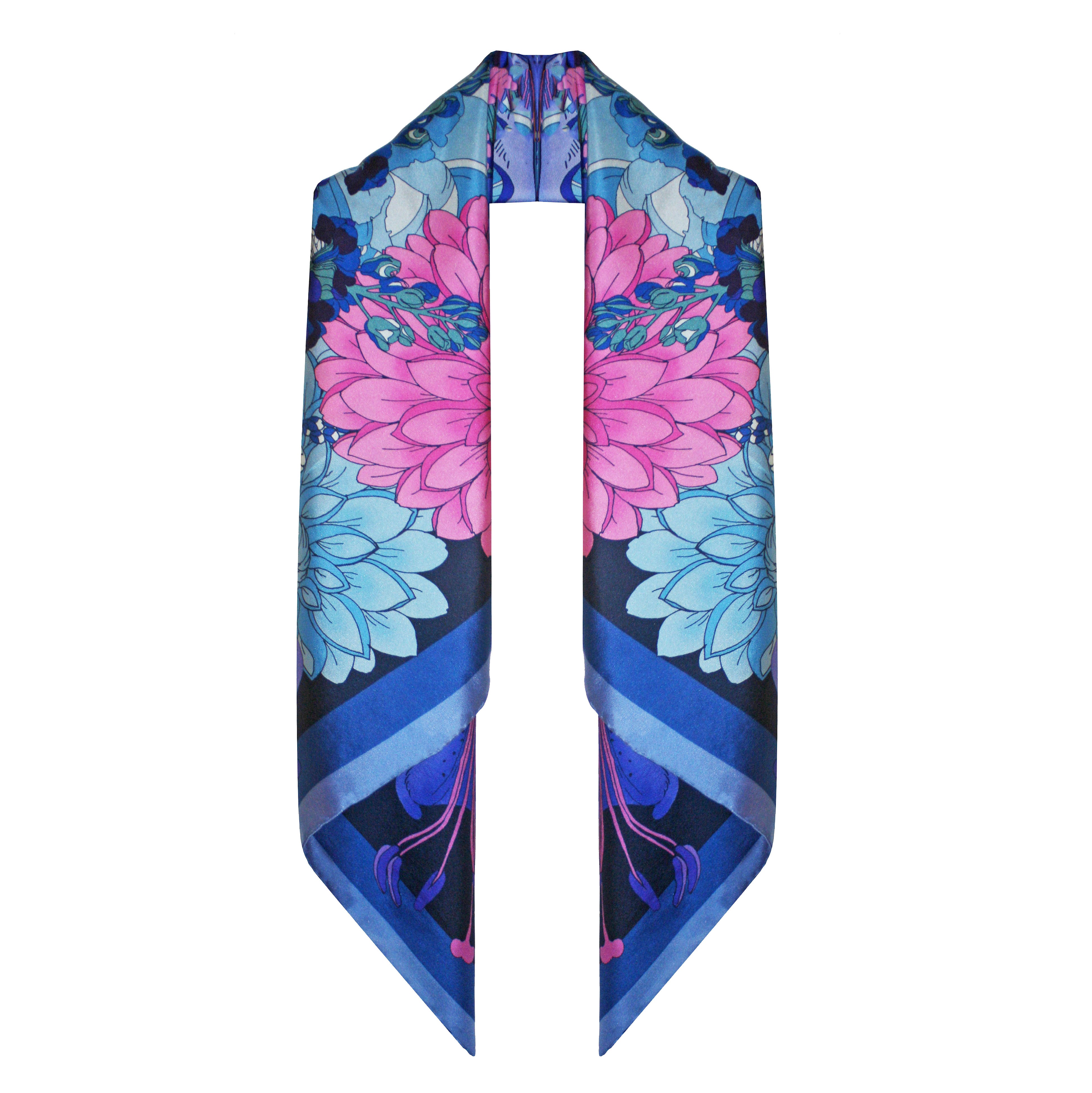 The Dahlia Bouquet Silk Scarf - Indigo | 45x45cm
