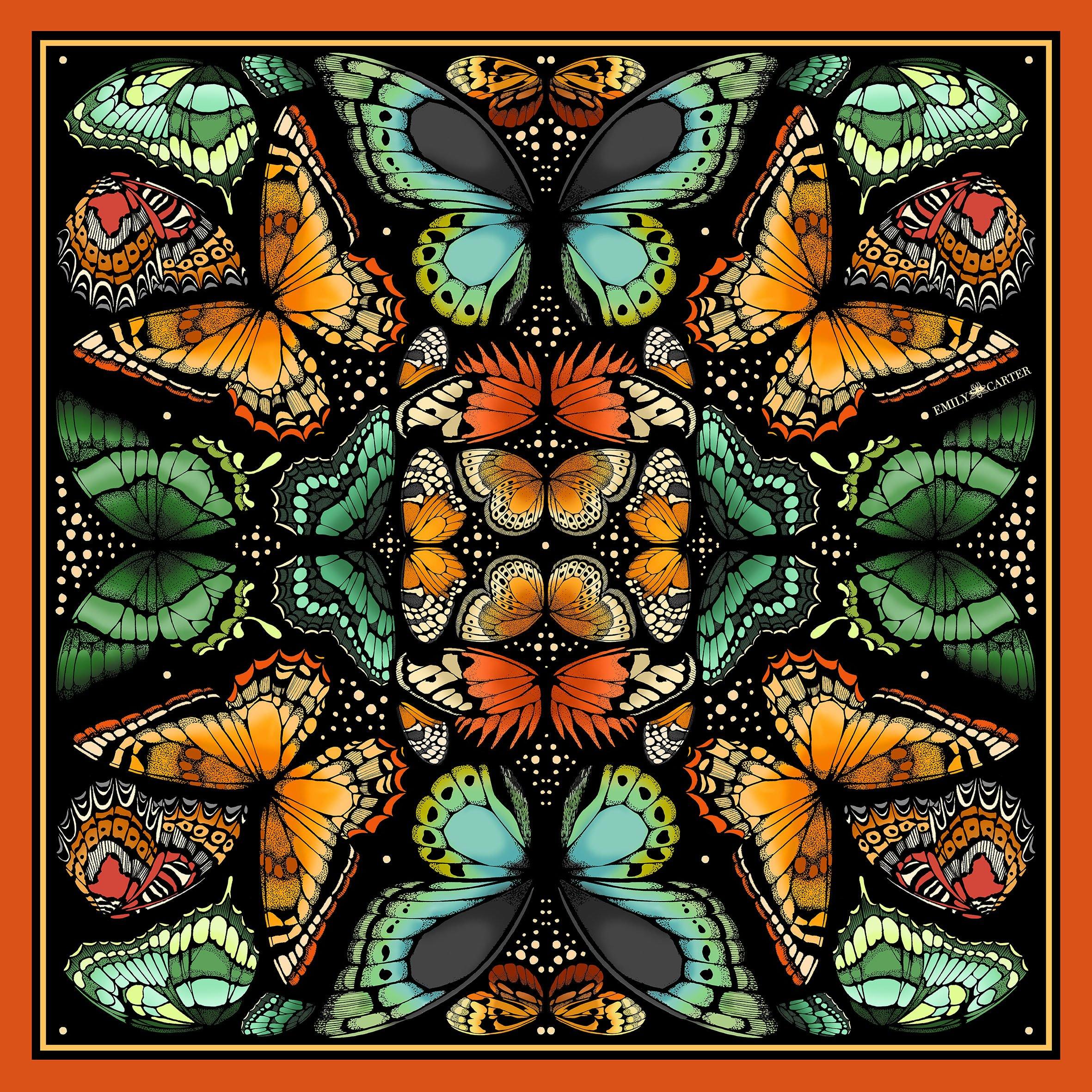 The Tropical Butterfly Silk Scarf - Burnt Orange | 90x90cm - Emily Carter London