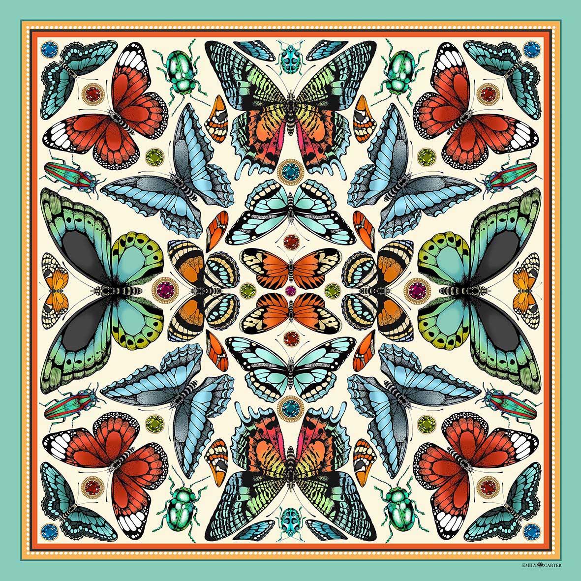 The Tropical Butterfly Silk Scarf - Turquoise | 90x90cm - Emily Carter London