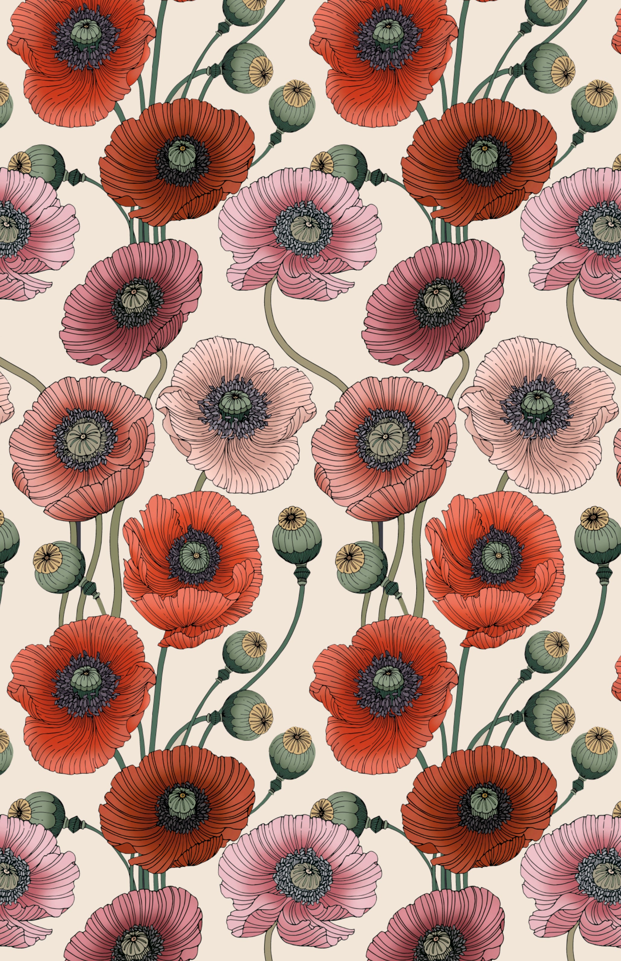 Art Nouveau Poppy Cream Wallpaper