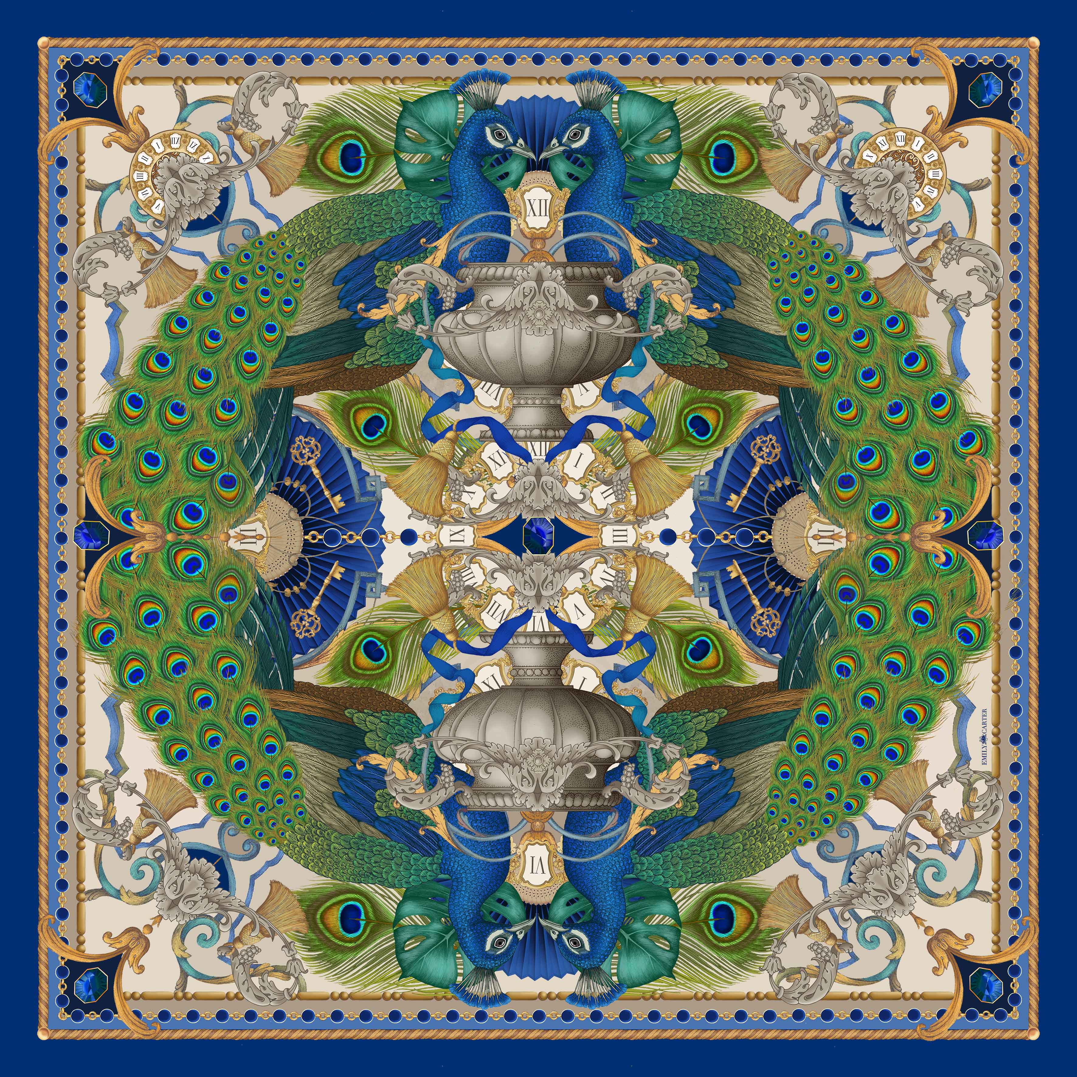 The Peacock Baroque Silk Scarf - Lapis | 130x130cm [Preorder]