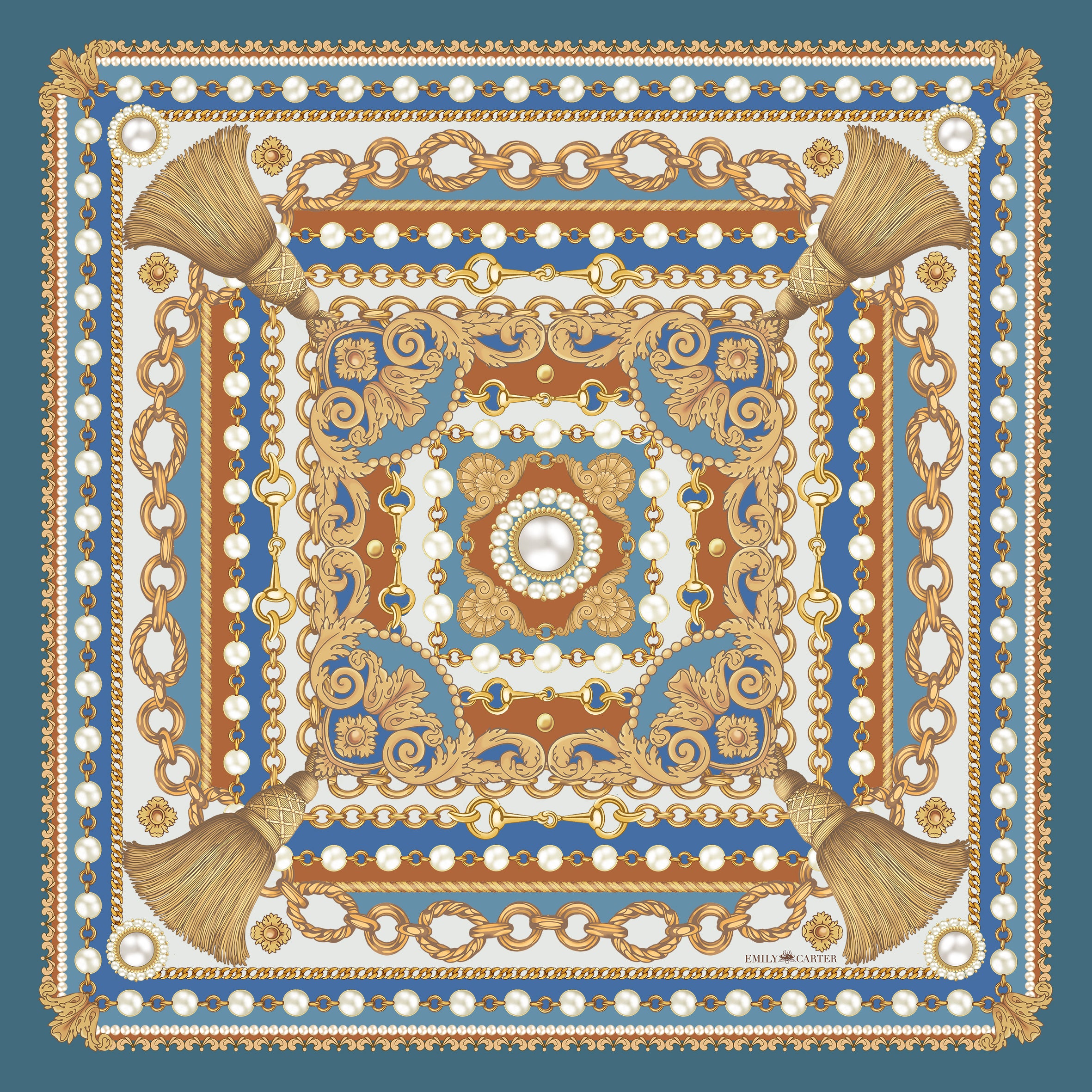 The Jewelled Baroque Silk Scarf - Aquamarine | 90x90cm [Preorder]