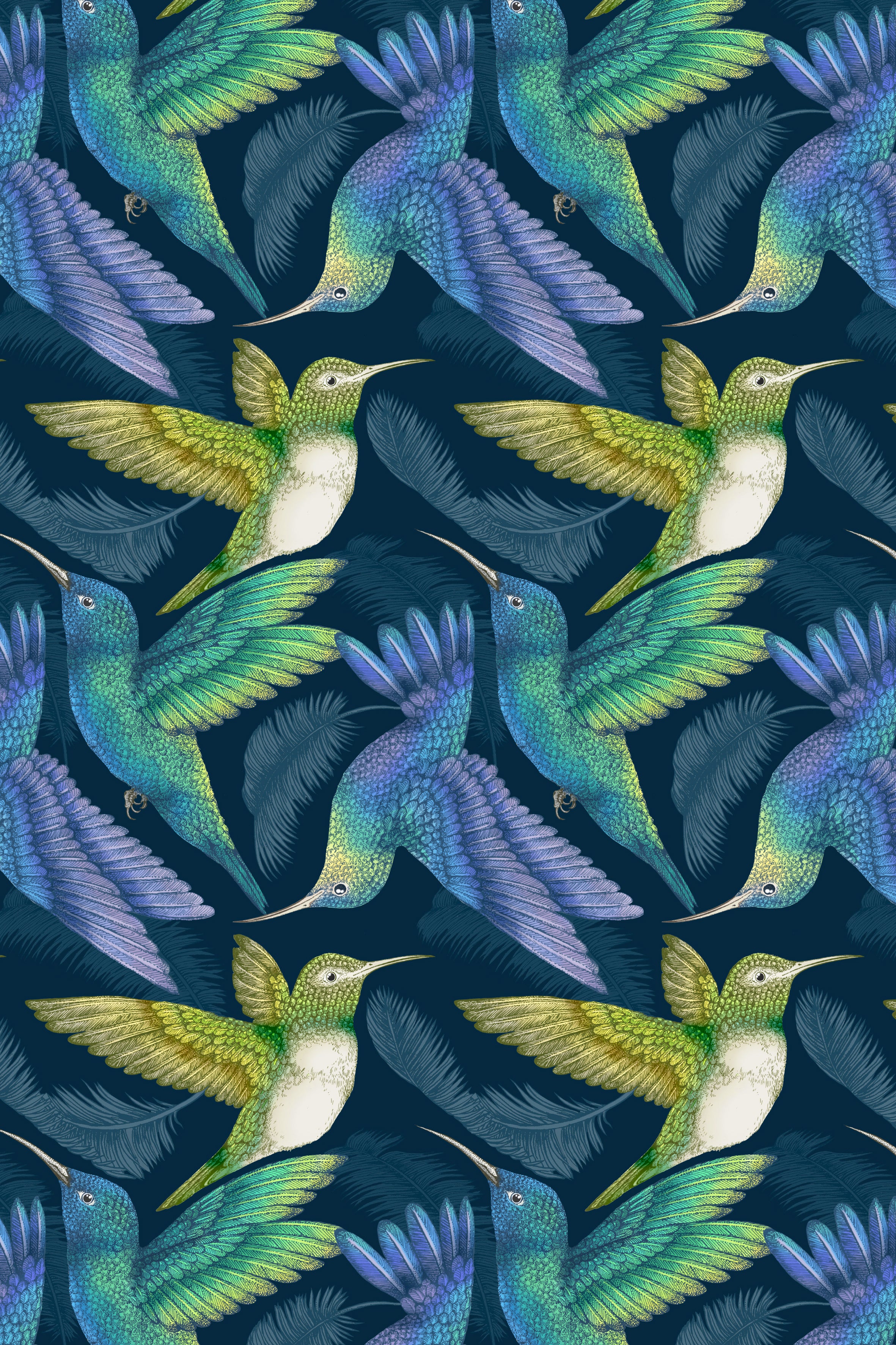 Antique Hummingbird Indigo Wallpaper
